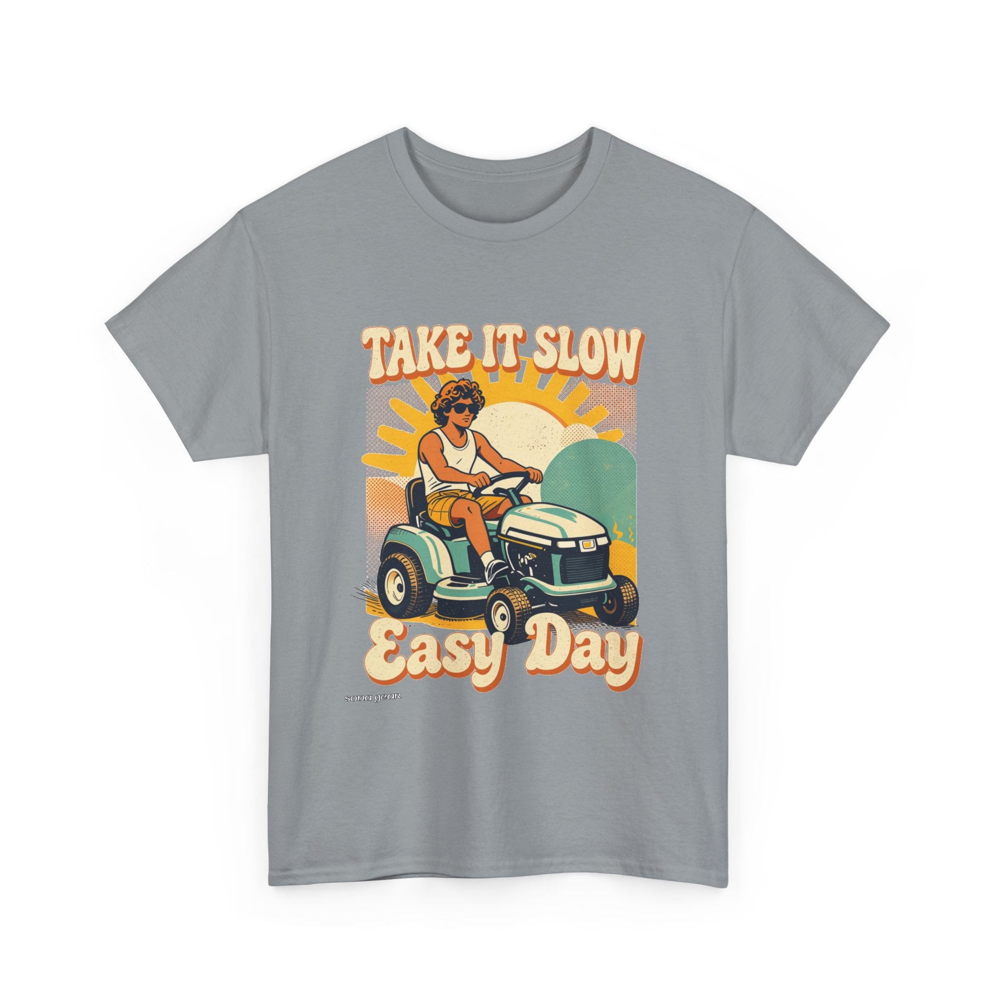 Take It Slow Easy Day Tee | Retro Lawn Mower Illustration