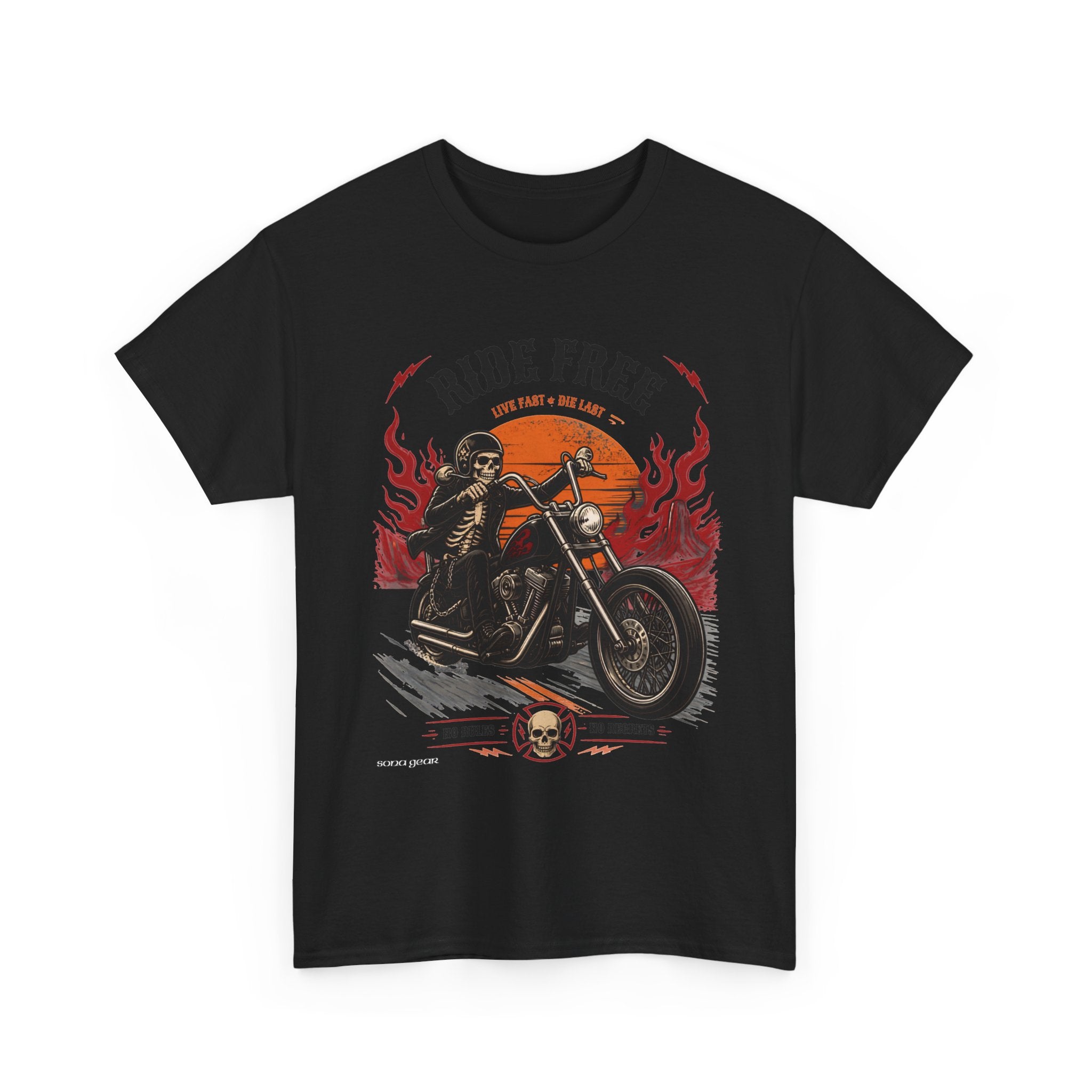 Ride Free Motorcycle Tee | Biker Skeleton Rider, Flames, Retro Sunset