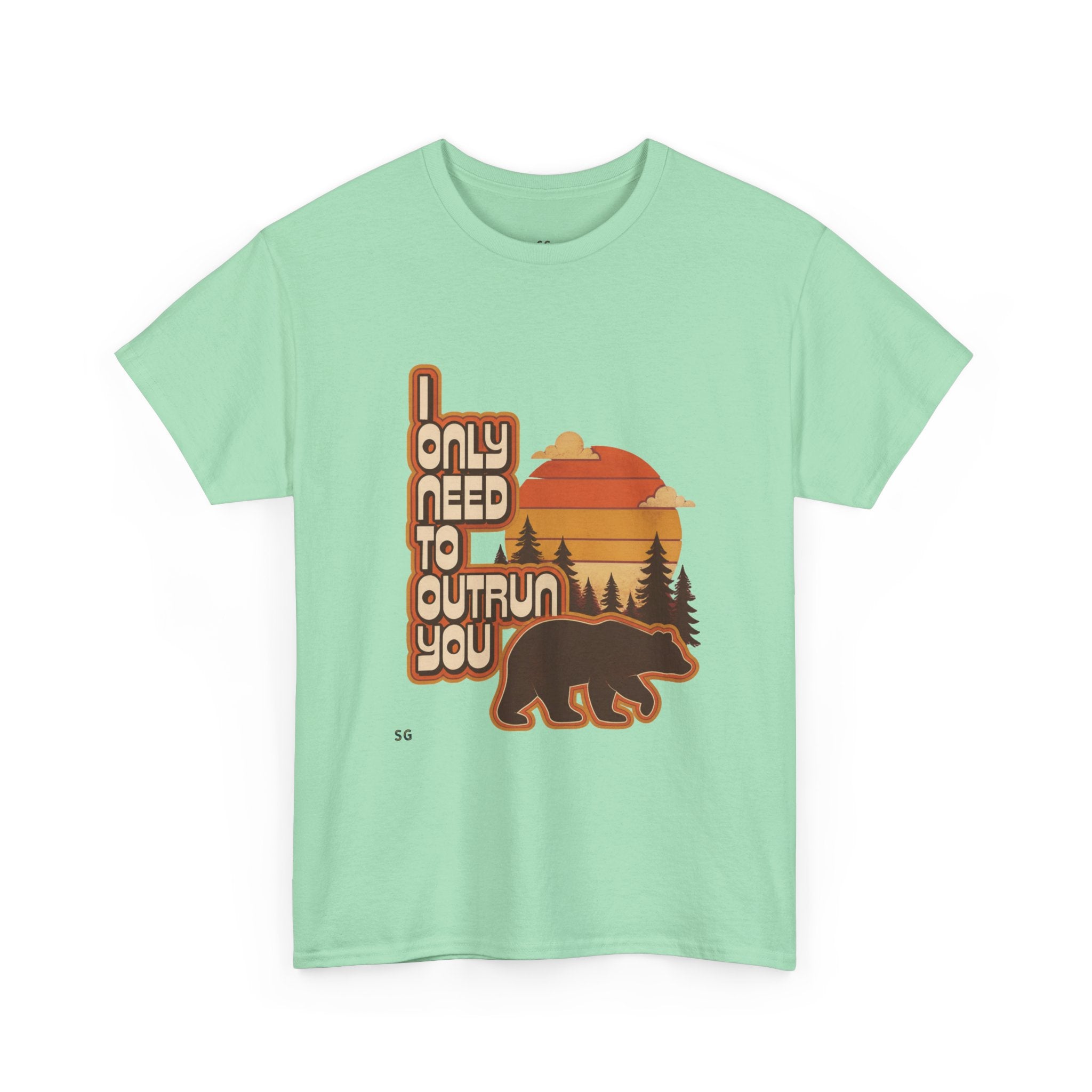 Bear Sunset Tee — "I Only Need to Outrun You" Retro Nature T-Shirt