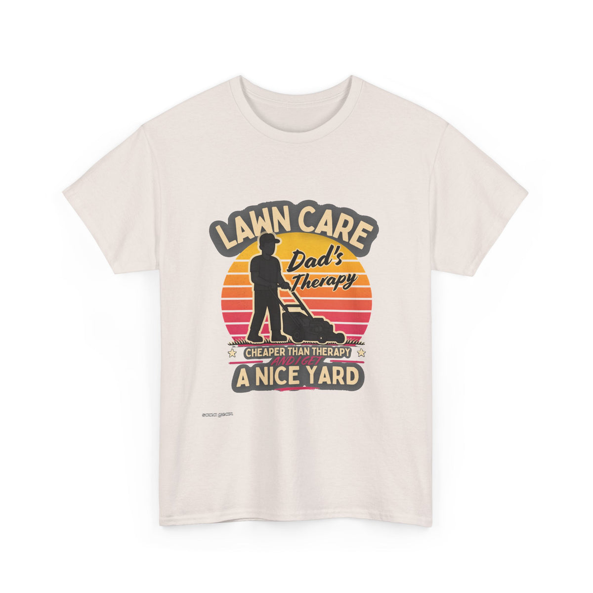 Lawn Care Dad's Therapy T-Shirt | Retro Sunset Mowing Design