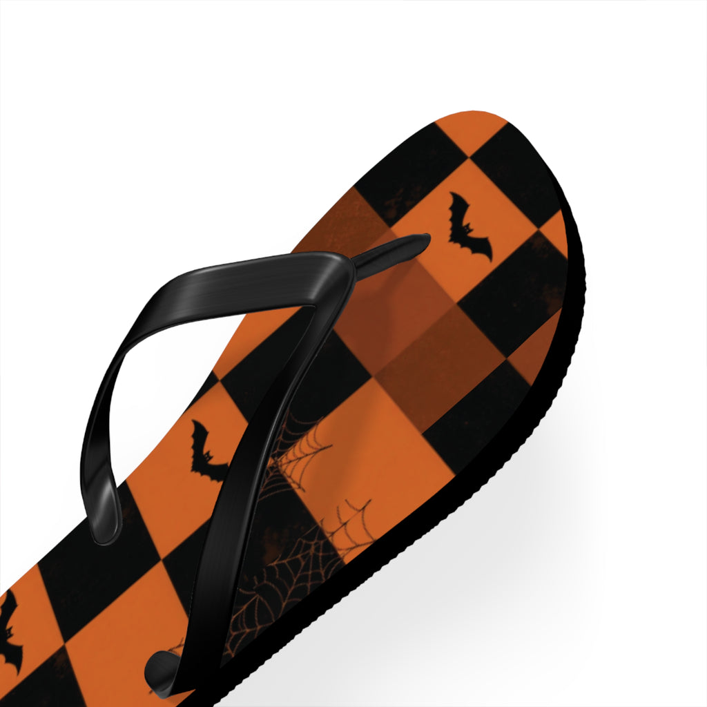 Halloween Bat Checkerboard Flip Flops — Orange & Black Beach Sandals