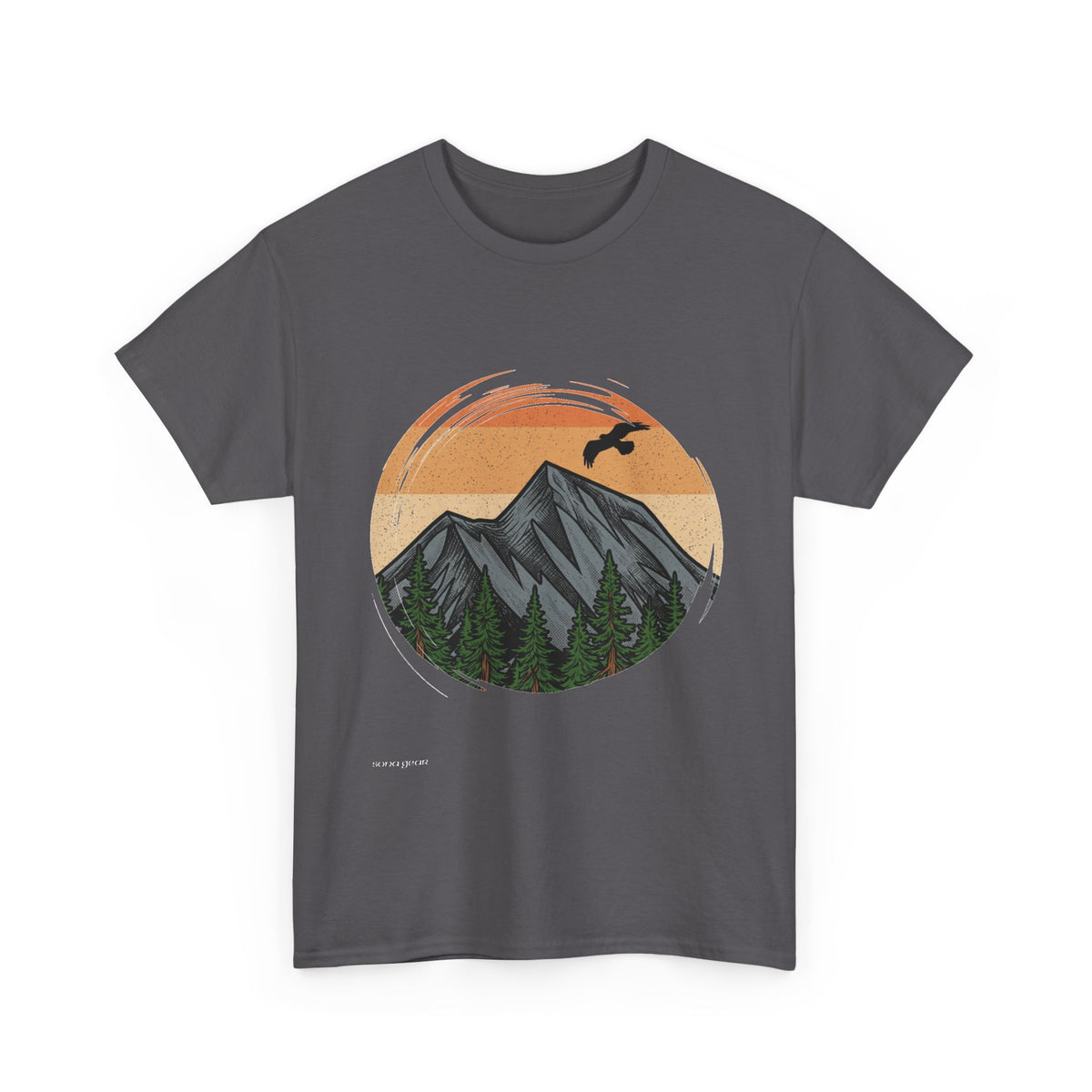 Sunset Mountain Landscape T-Shirt | Retro Peaks, Forest, Soaring Bird