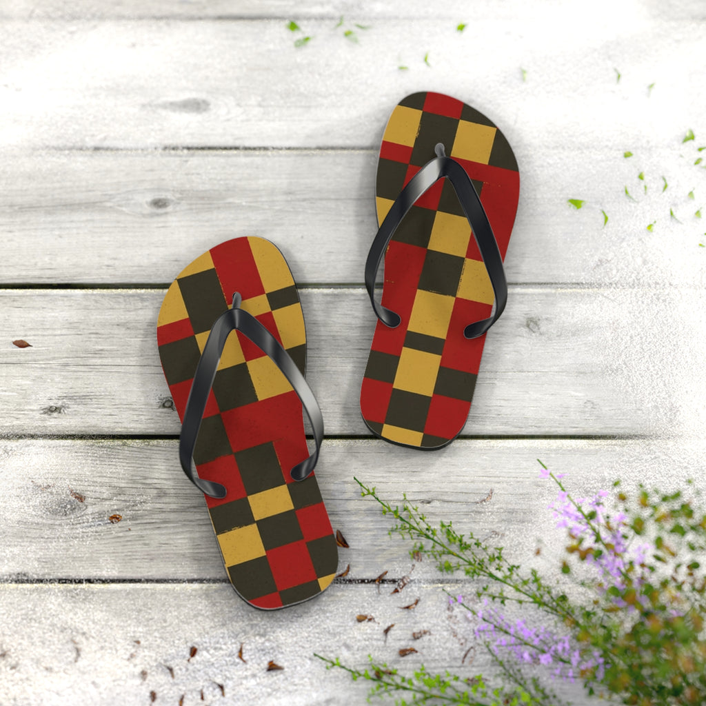 Checkerboard Flip Flops – Retro Red, Mustard & Olive Summer Sandals