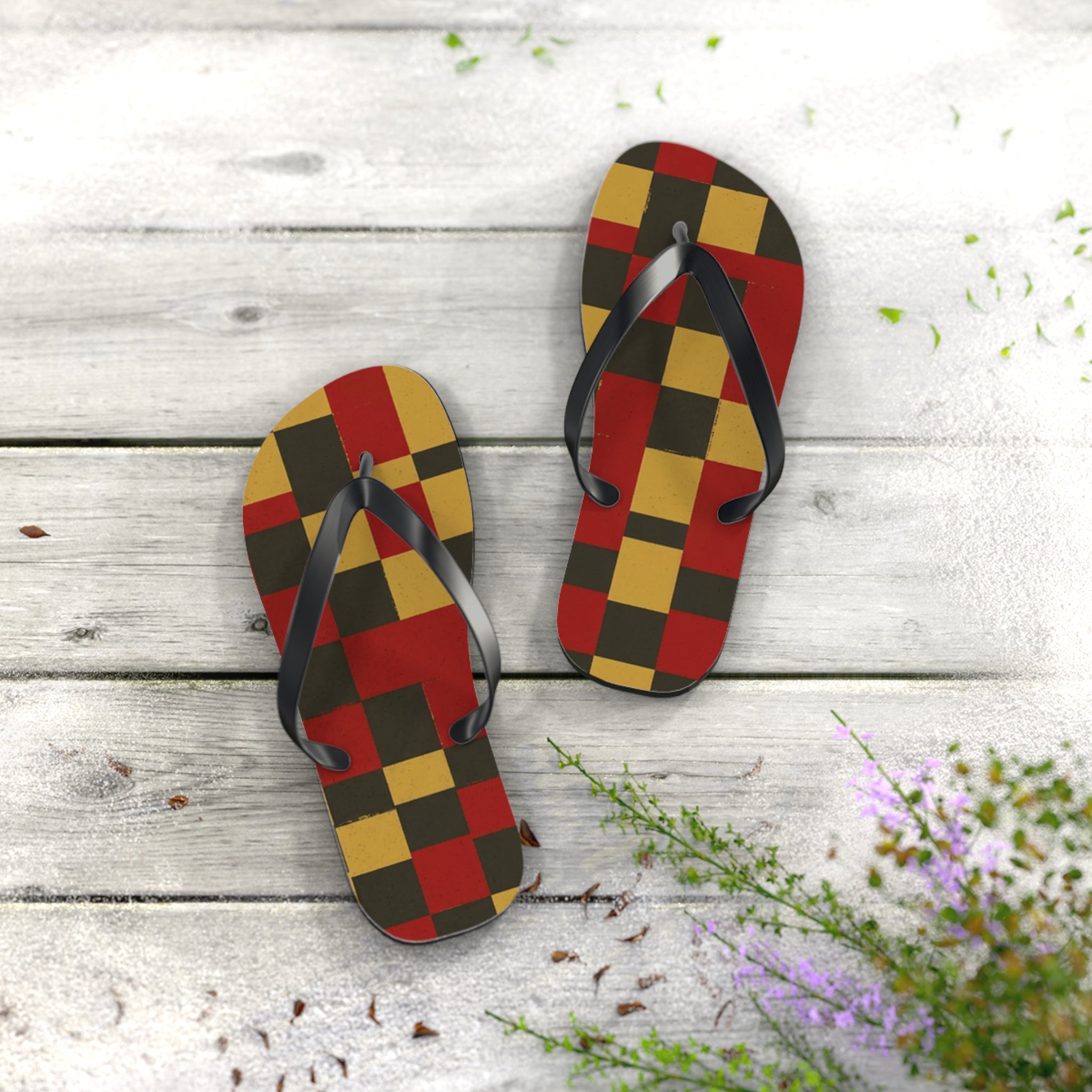 Checkerboard Flip Flops – Retro Red, Mustard & Olive Summer Sandals