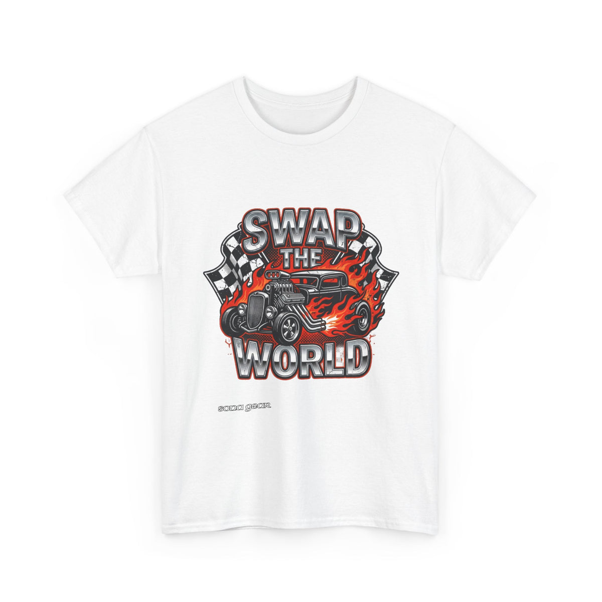 Swap The World hot rod car T-Shirt | flaming vintage race decal