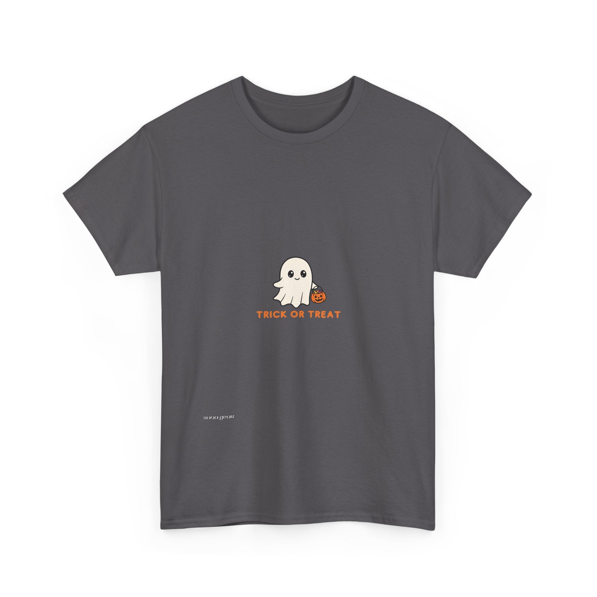 Ghost Trick-or-Treat T-Shirt — Cute Halloween Tee with Pumpkin Candy Bag
