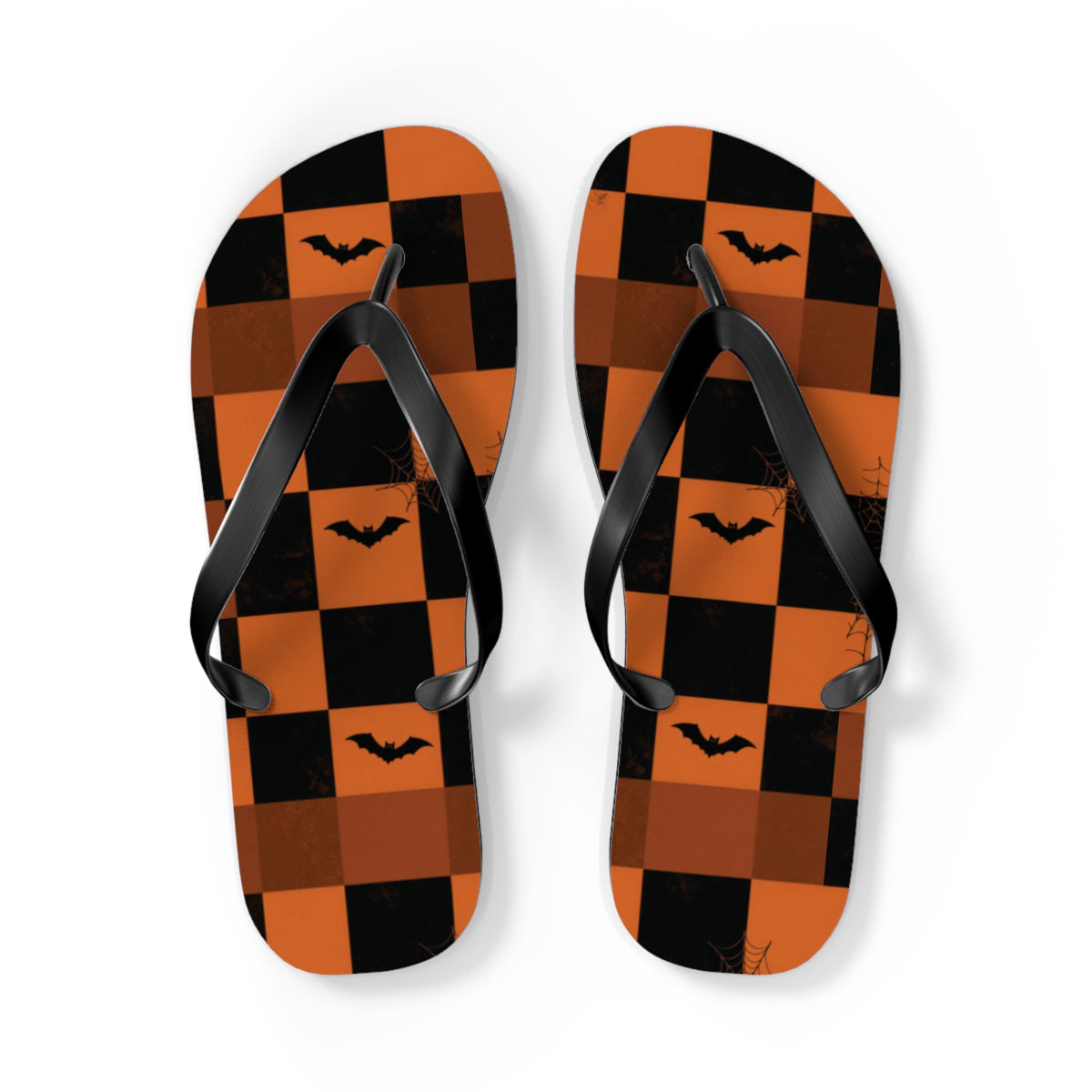 Halloween Bat Checkerboard Flip Flops — Orange & Black Beach Sandals