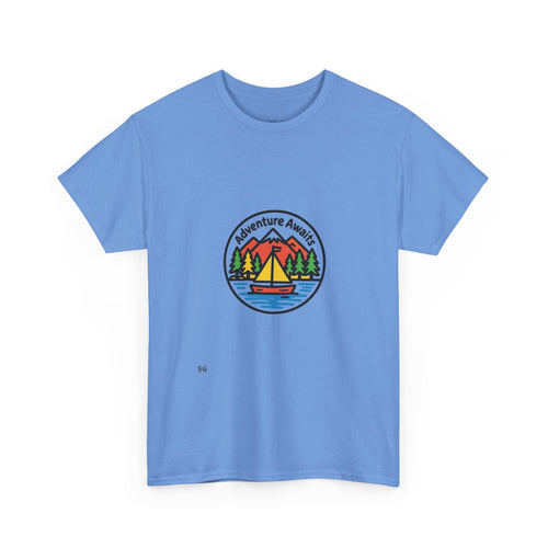 Adventure Awaits T-Shirt – Outdoor Camping Sailboat Patch Tee