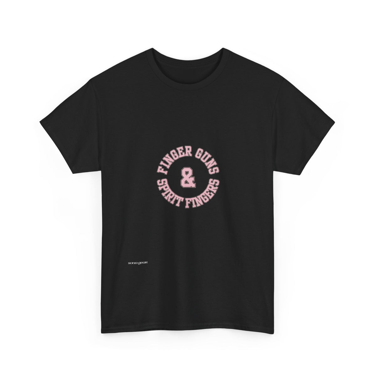 Retro Pink & Blue Badge T-Shirt — "Finger Guns and Spirit Fingers" Graphic Tee