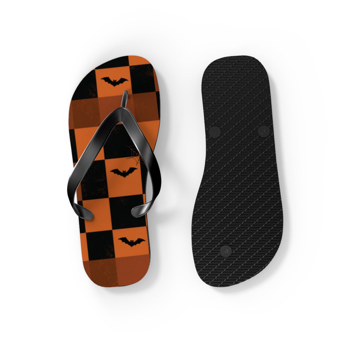 Halloween Bat Checkerboard Flip Flops — Orange & Black Beach Sandals