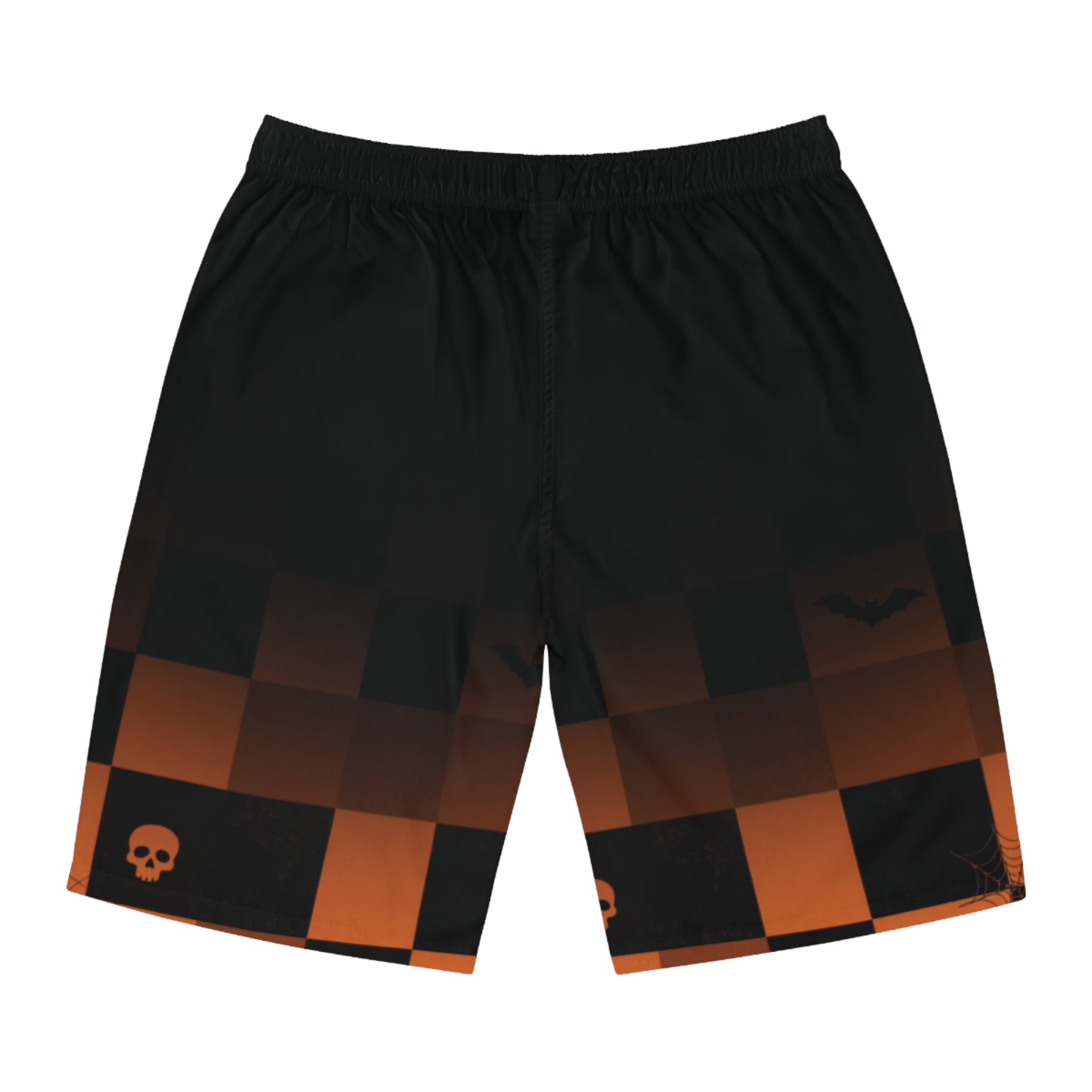Men's Halloween Checkerboard Board Shorts — Orange Skull & Bat Swim Trunks