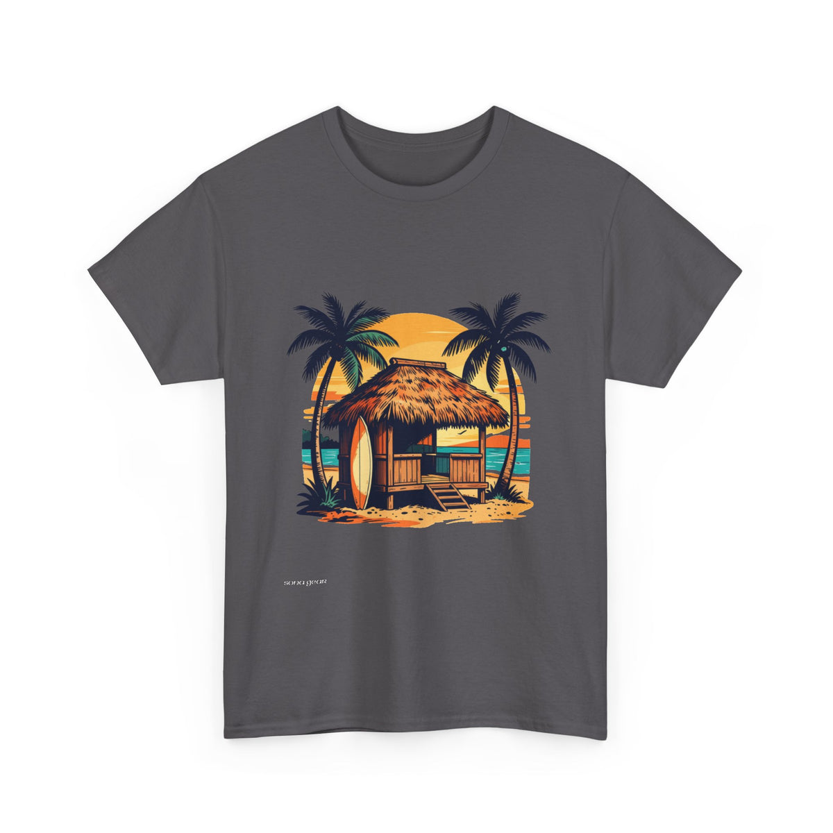 Tropical Beach Hut Tee | Surfboard Palm Trees Sunset