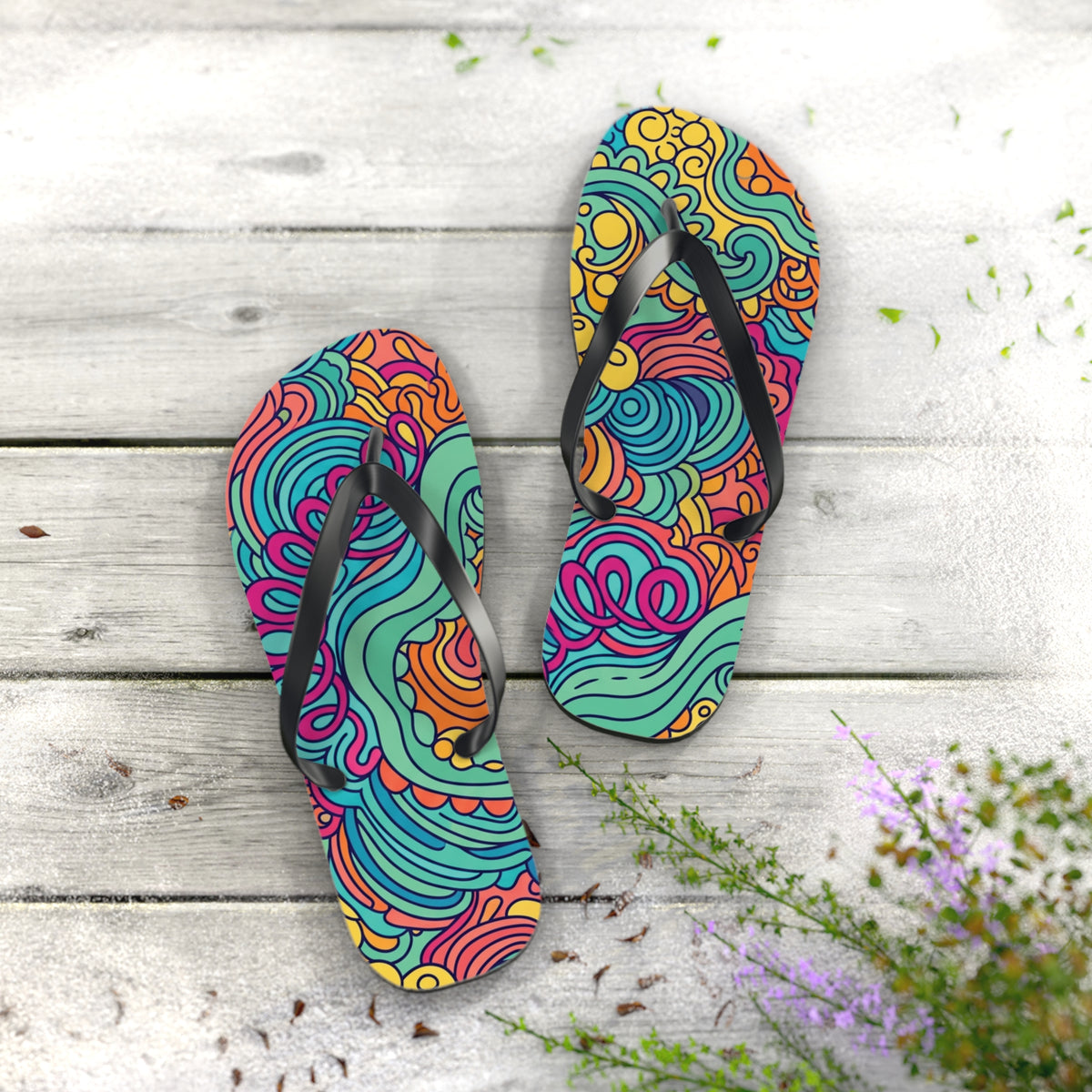 Colorful Swirl Flip Flops — Vibrant Abstract Beach Sandals