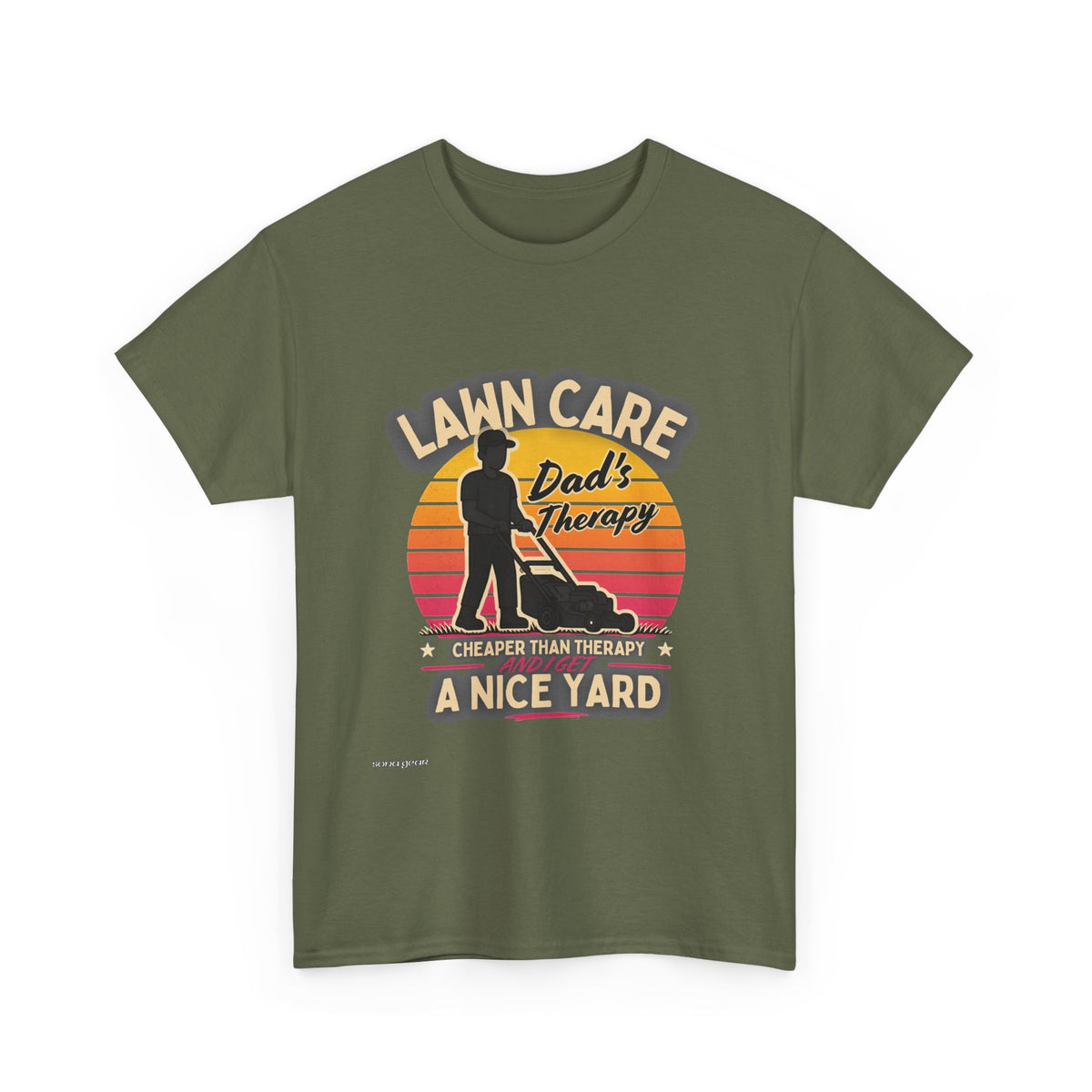 Lawn Care Dad's Therapy T-Shirt | Retro Sunset Mowing Design