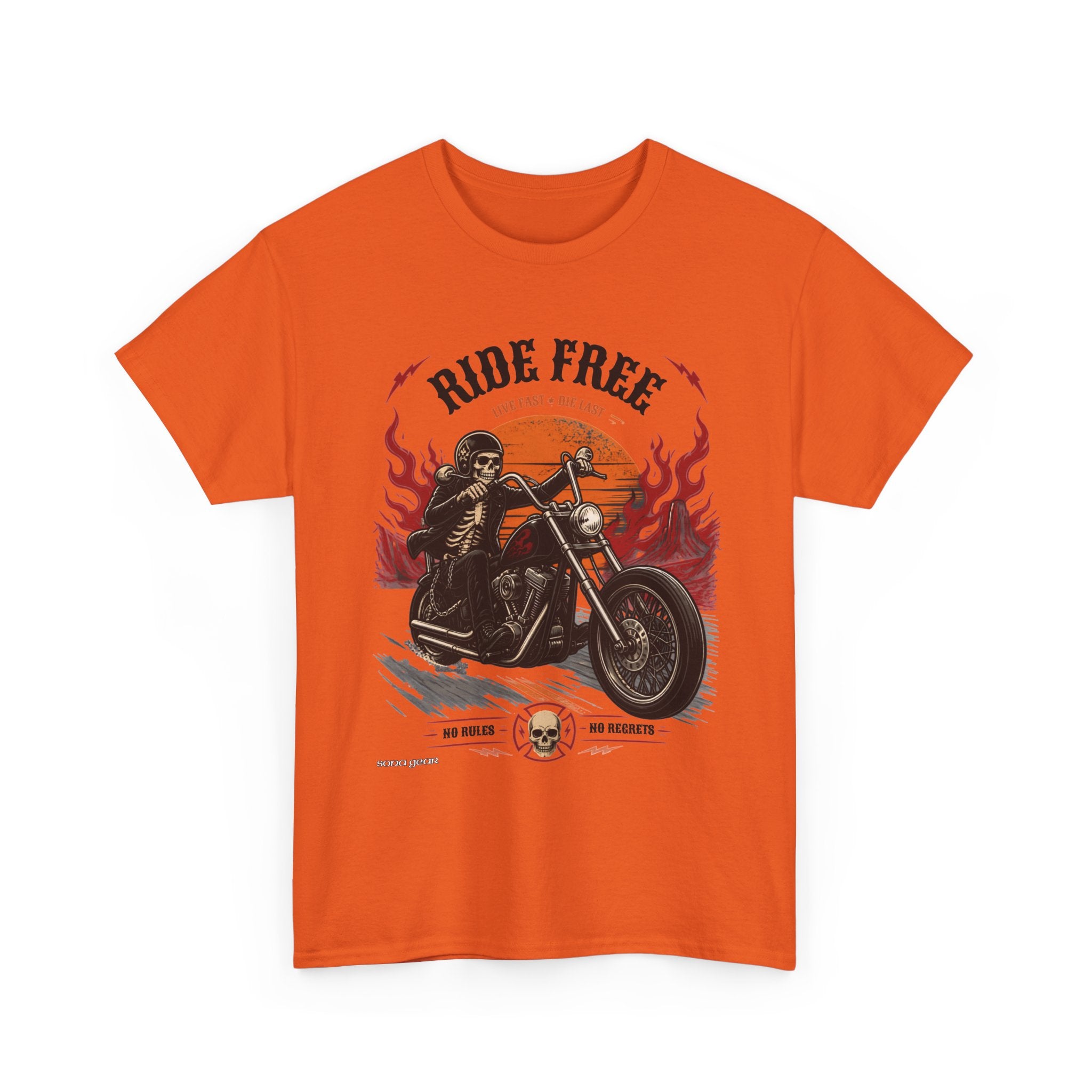 Ride Free Motorcycle Tee | Biker Skeleton Rider, Flames, Retro Sunset