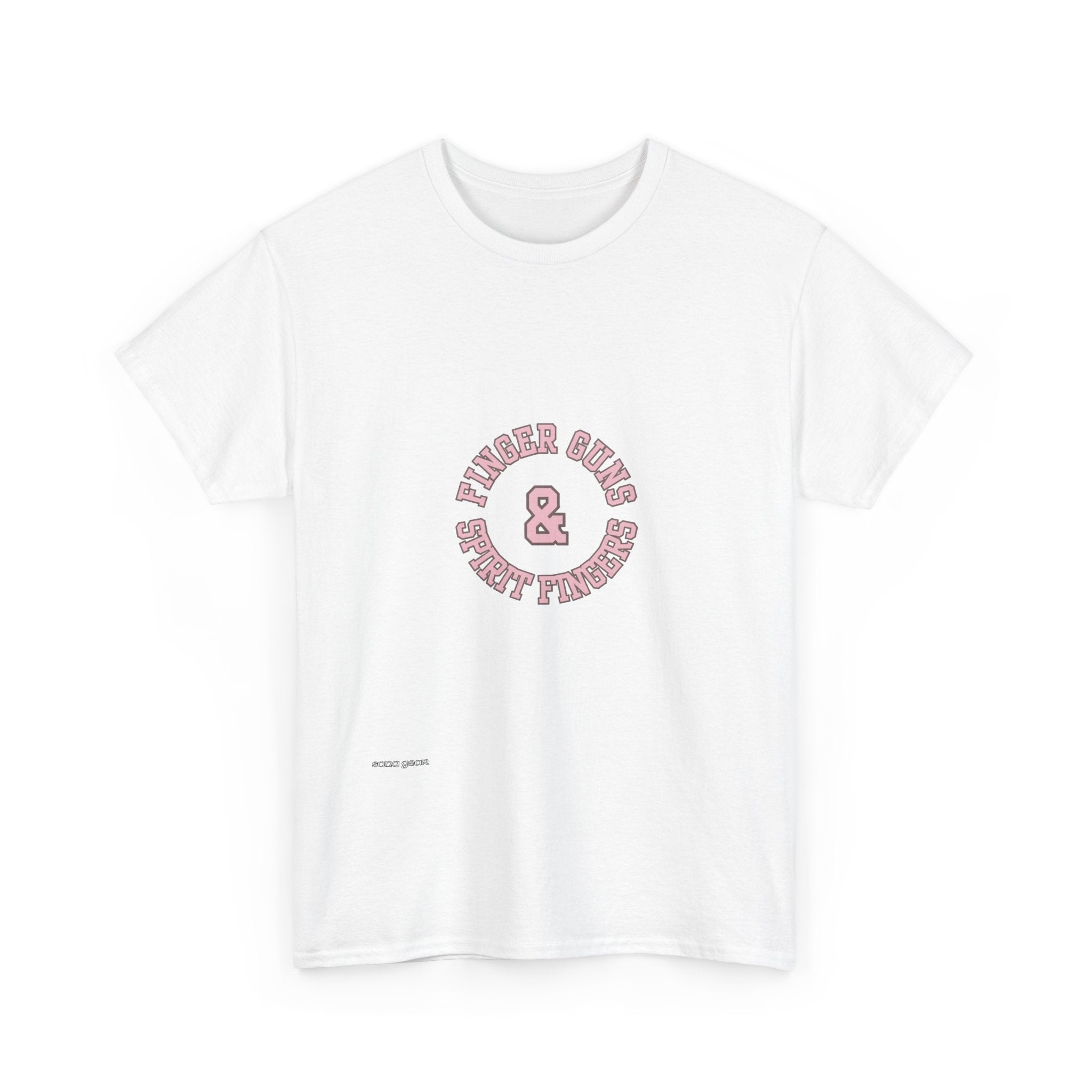 Retro Pink & Blue Badge T-Shirt — "Finger Guns and Spirit Fingers" Graphic Tee