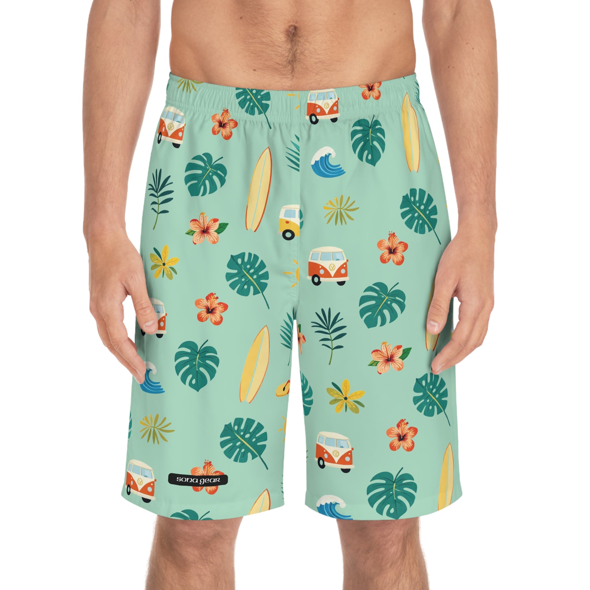 Tropical Surf Board Shorts – Retro Camper & Hibiscus Print