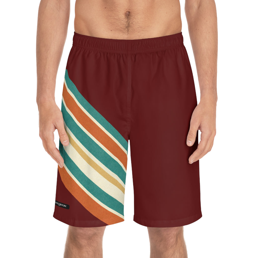Retro Stripe Board Shorts — Men's Maroon Surf Trunks