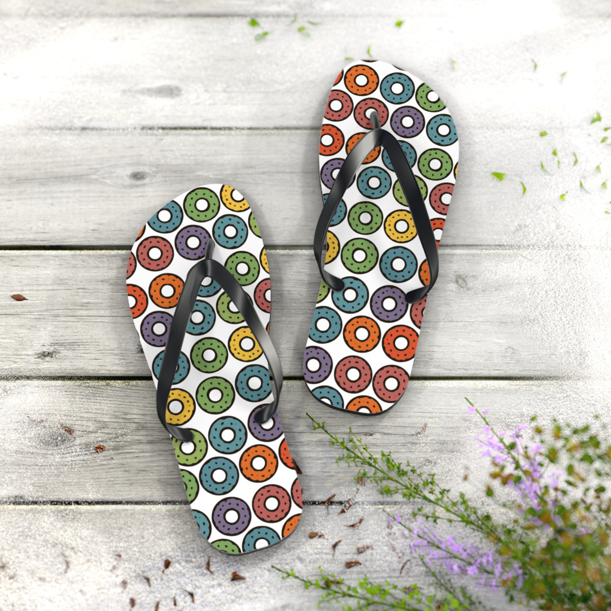 Donut Pattern Flip Flops — Colorful Retro Pool & Beach Sandals