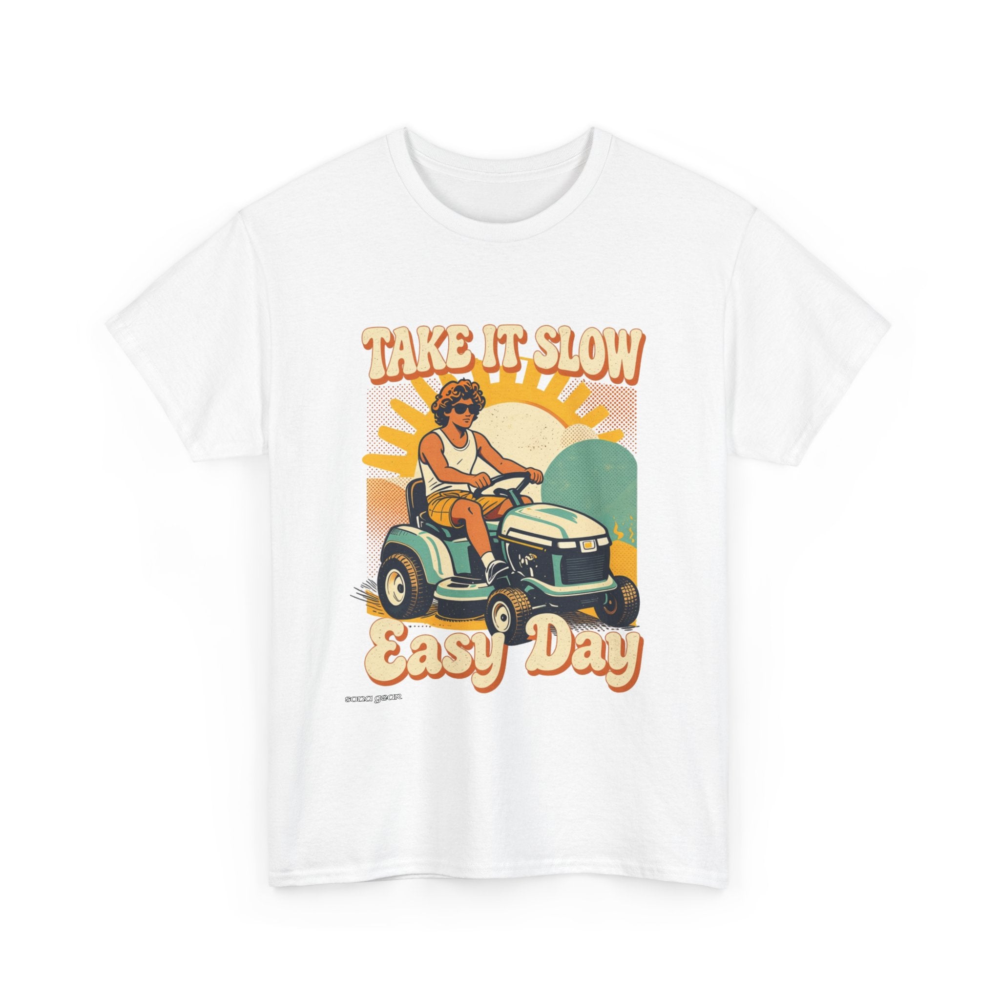 Take It Slow Easy Day Tee | Retro Lawn Mower Illustration