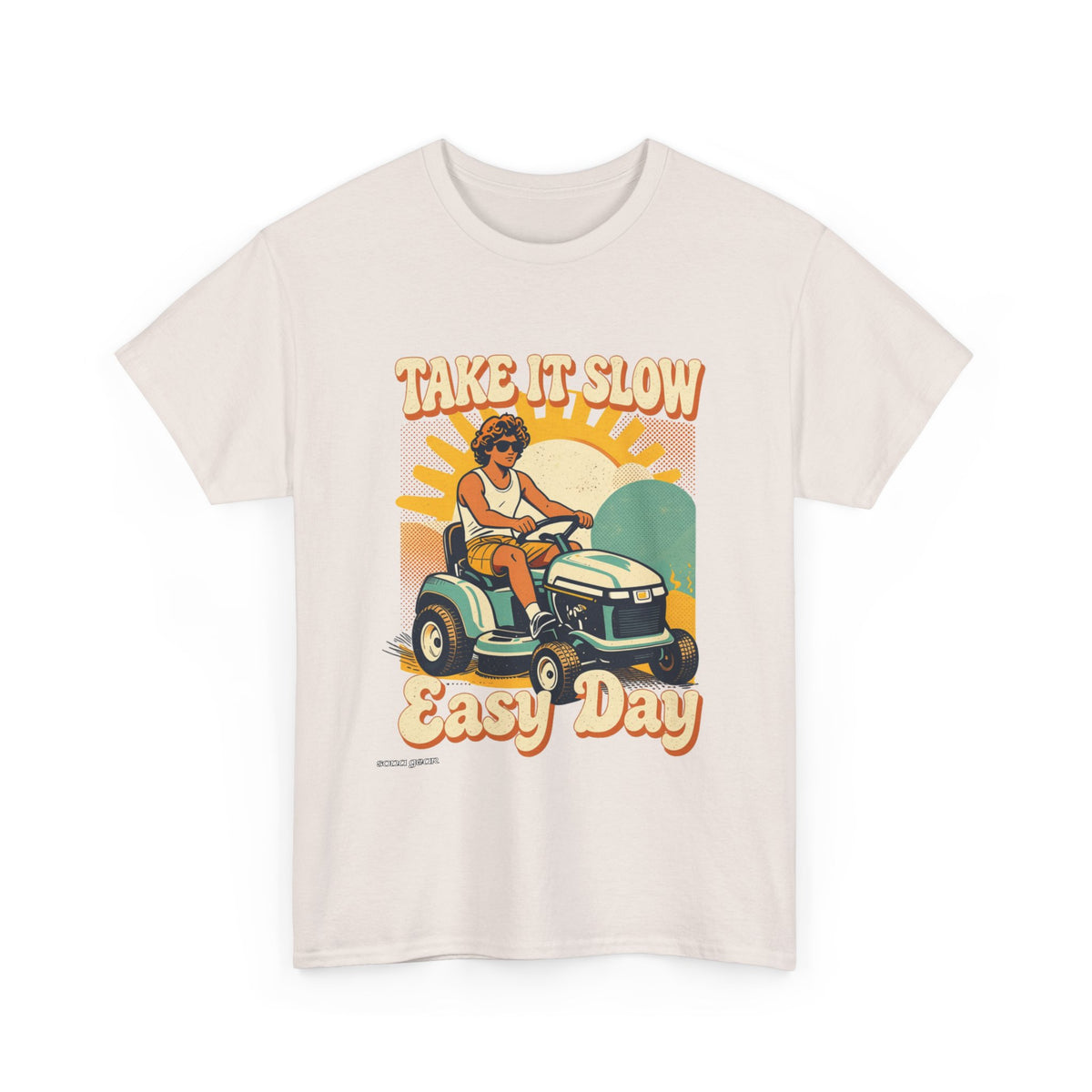 Take It Slow Easy Day Tee | Retro Lawn Mower Illustration