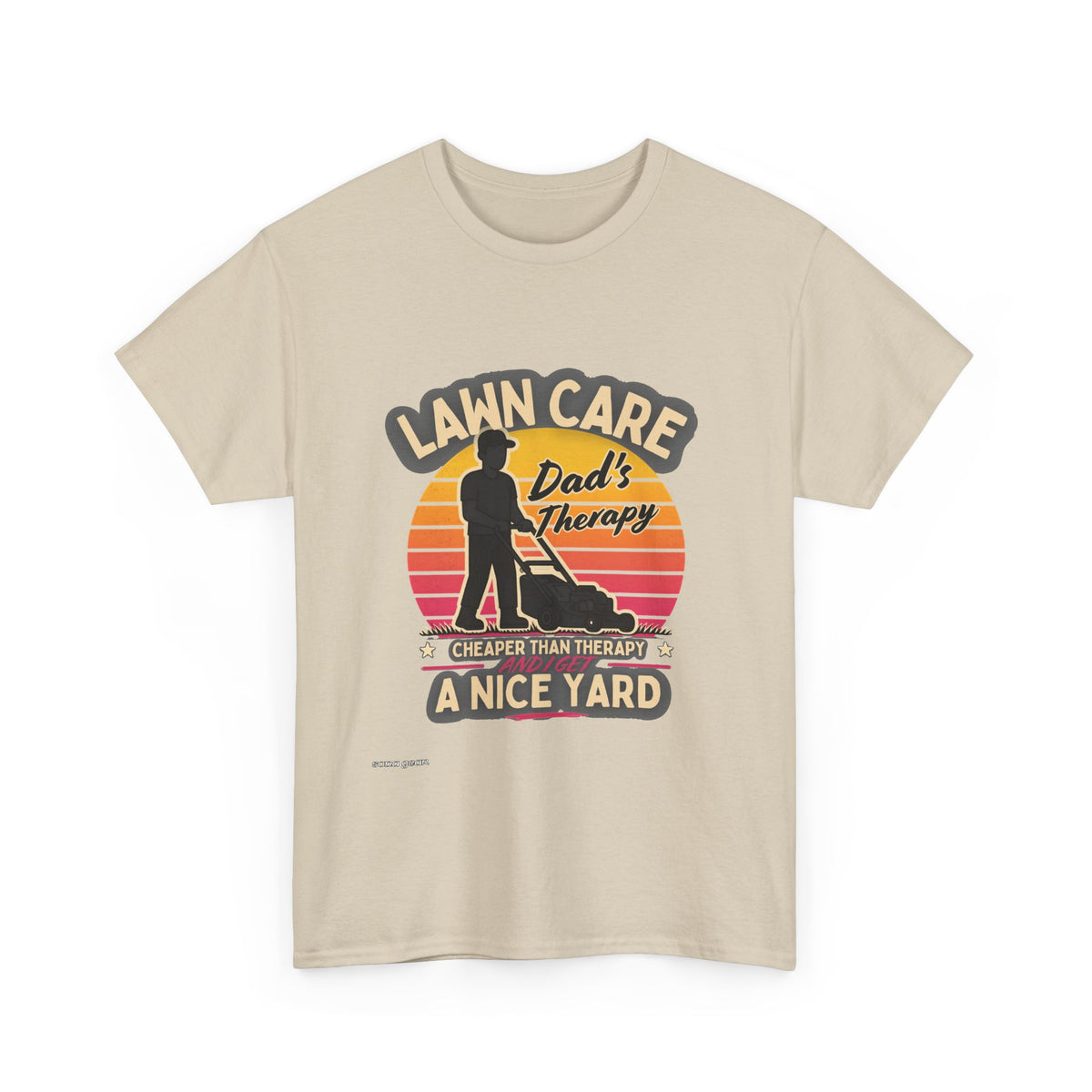 Lawn Care Dad's Therapy T-Shirt | Retro Sunset Mowing Design