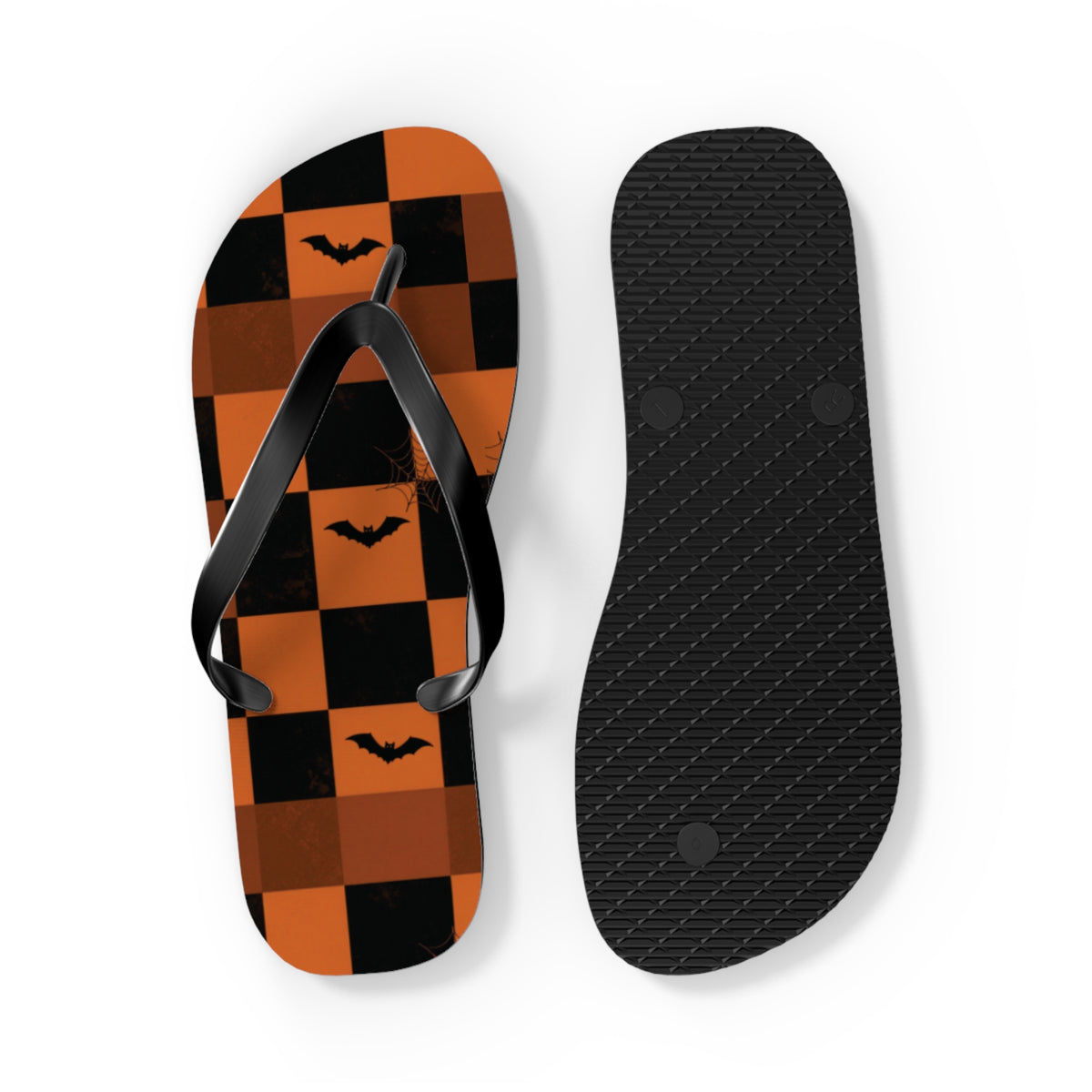 Halloween Bat Checkerboard Flip Flops — Orange & Black Beach Sandals