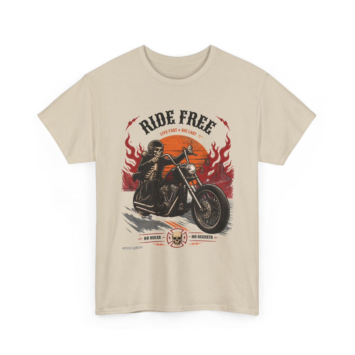 Ride Free Motorcycle Tee | Biker Skeleton Rider, Flames, Retro Sunset