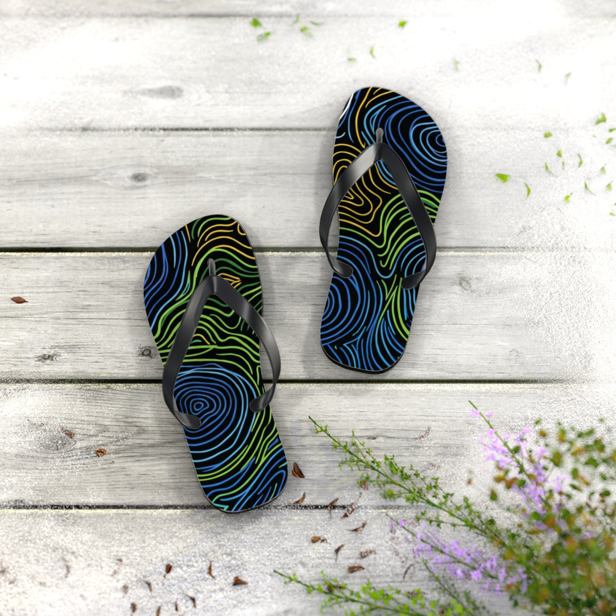 Psychedelic Swirl Flip Flops — Tropical Abstract Beach Sandals