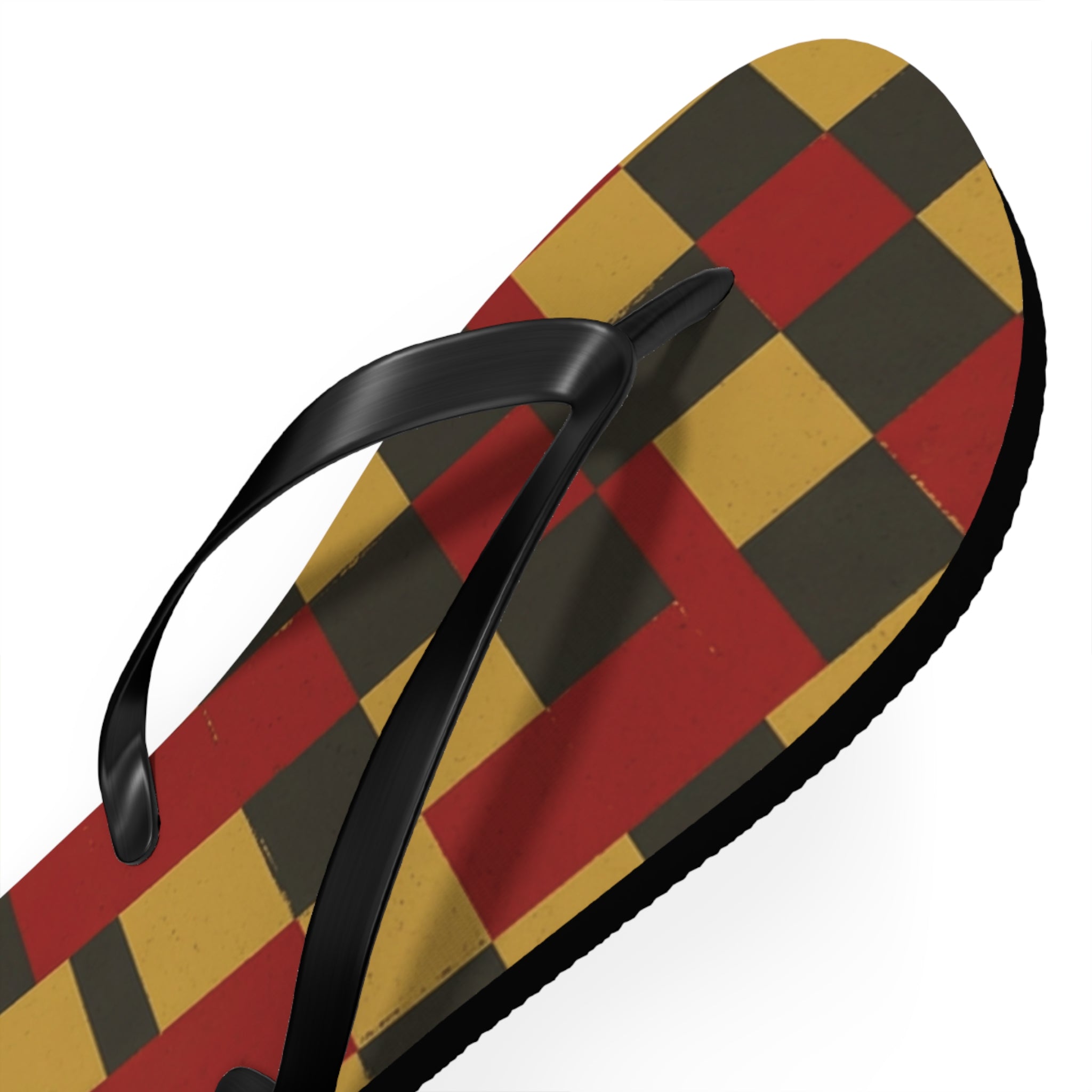 Checkerboard Flip Flops – Retro Red, Mustard & Olive Summer Sandals