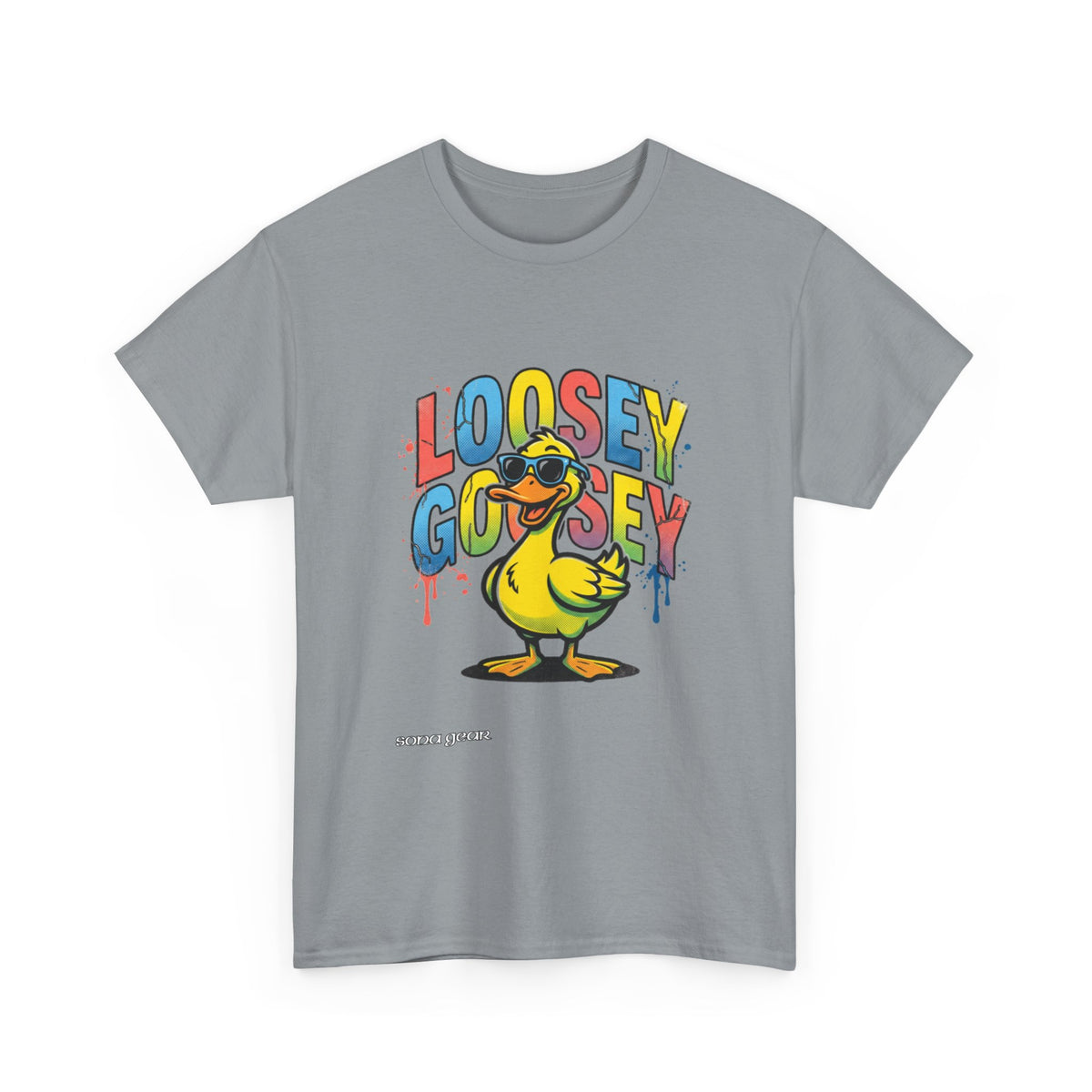 Loosey Goosey Duck T-Shirt | Cartoon Duck Graphic Tee, Colorful Drip Text