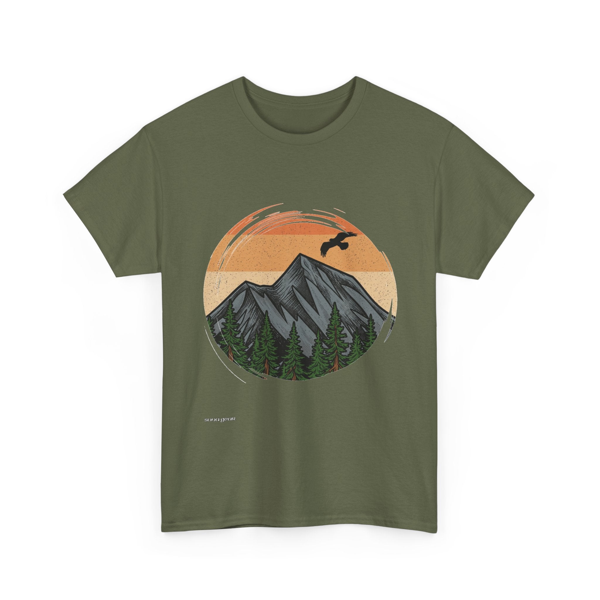 Sunset Mountain Landscape T-Shirt | Retro Peaks, Forest, Soaring Bird