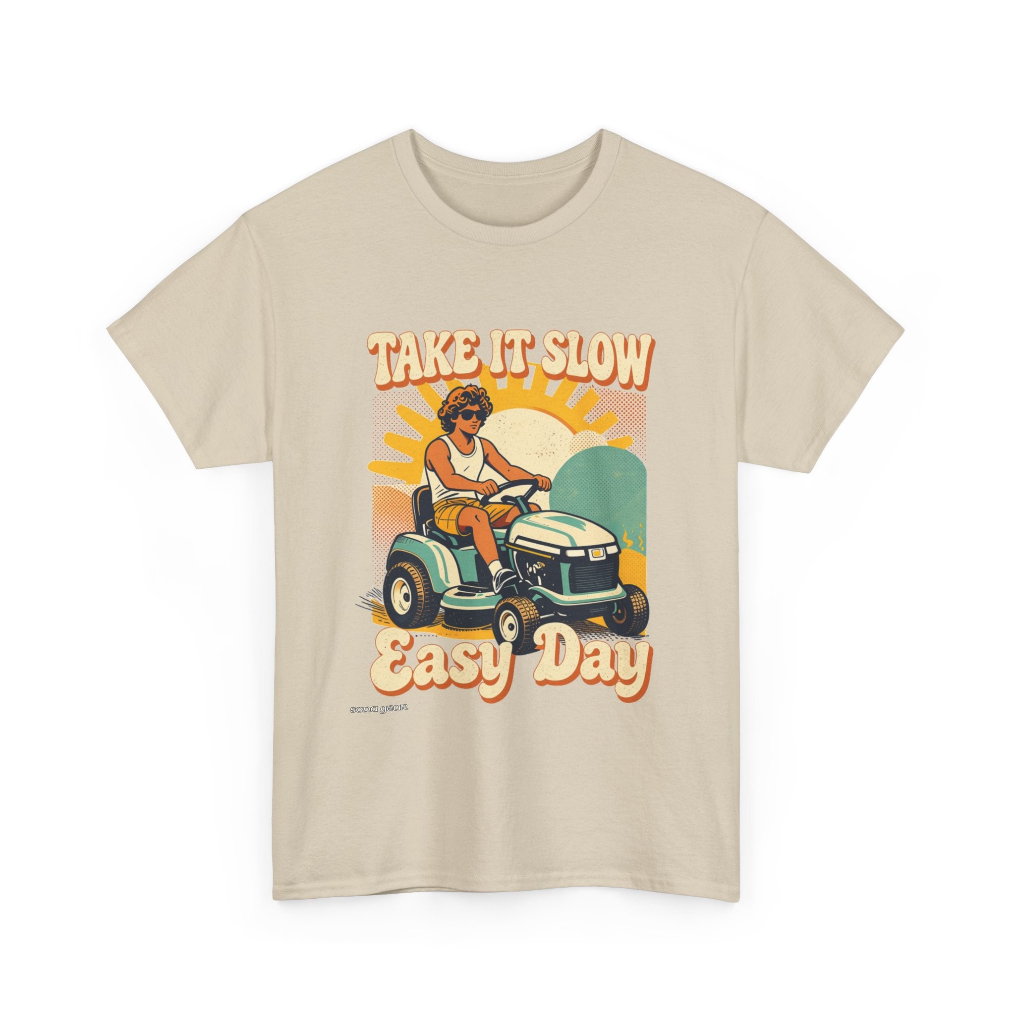 Take It Slow Easy Day Tee | Retro Lawn Mower Illustration