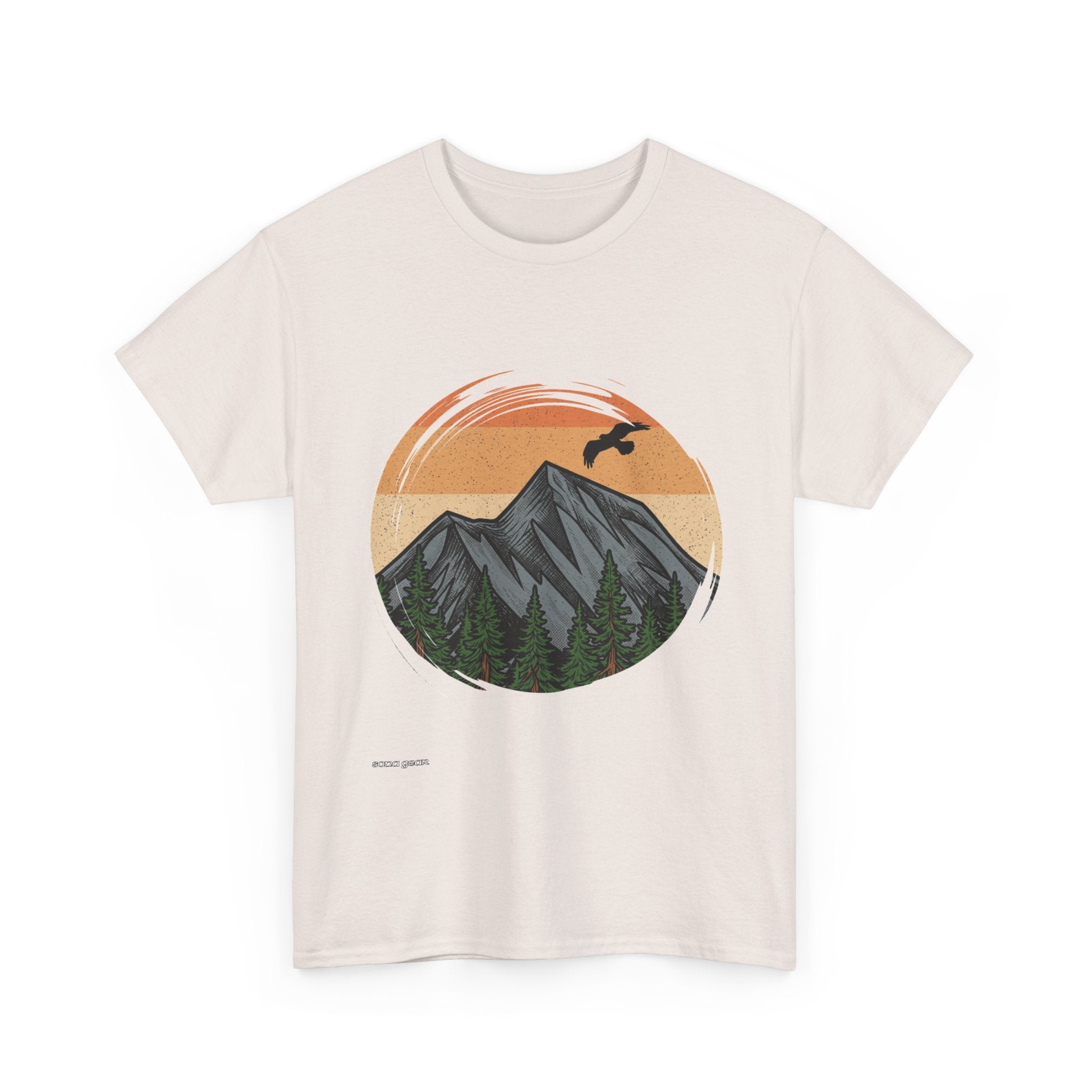 Sunset Mountain Landscape T-Shirt | Retro Peaks, Forest, Soaring Bird