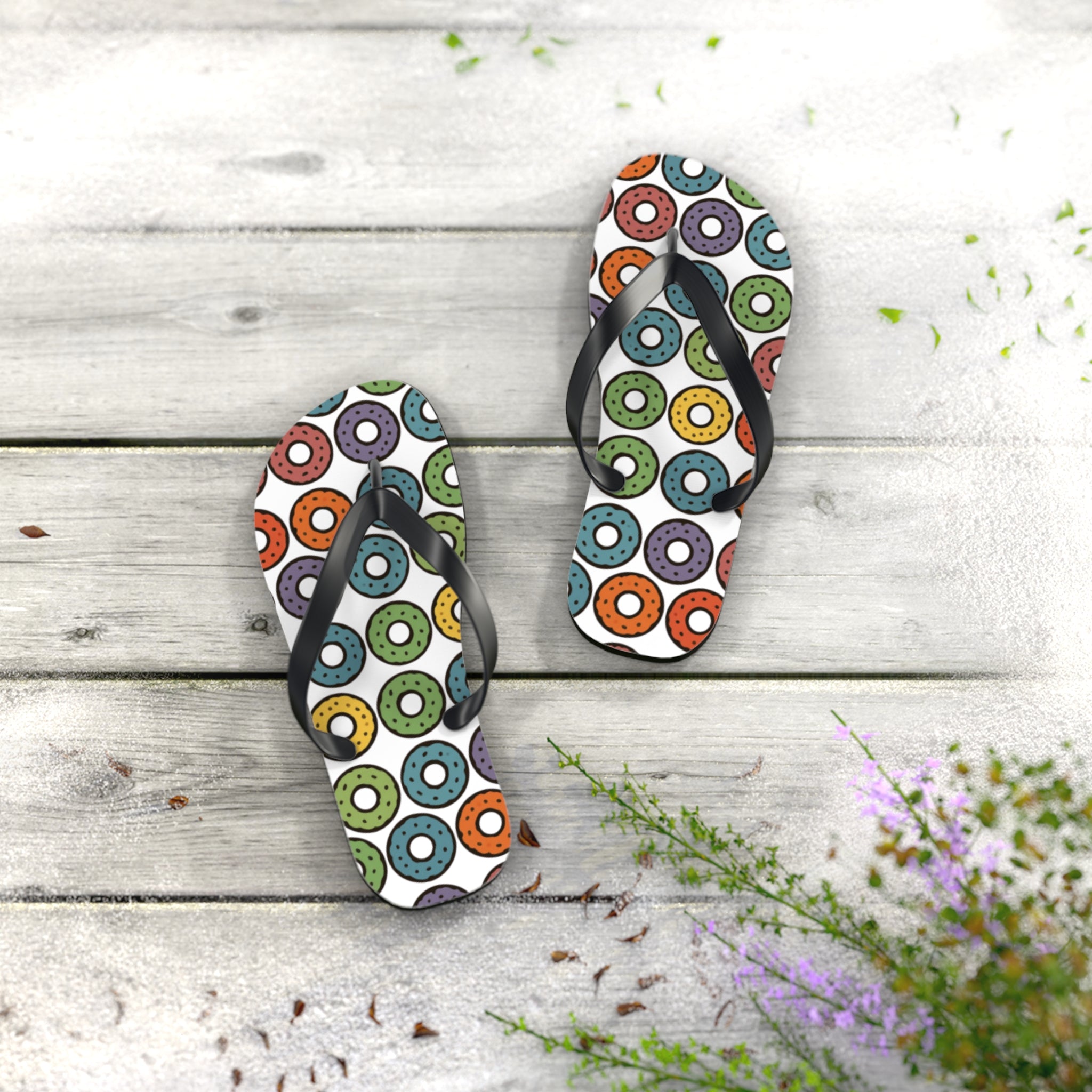 Donut Pattern Flip Flops — Colorful Retro Pool & Beach Sandals