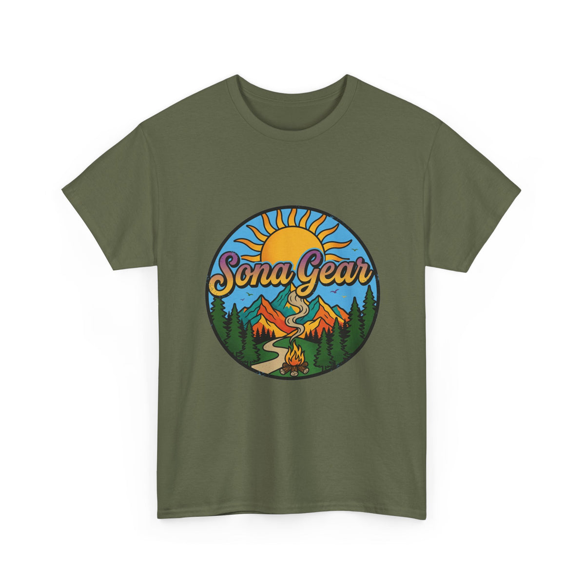 Sona Gear Mountain Campfire Logo Tee | Outdoor Adventure Graphic Shirt