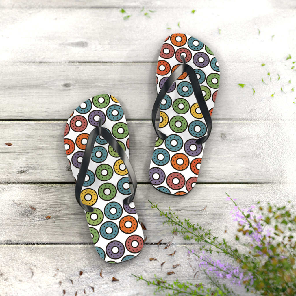 Donut Pattern Flip Flops — Colorful Retro Pool & Beach Sandals