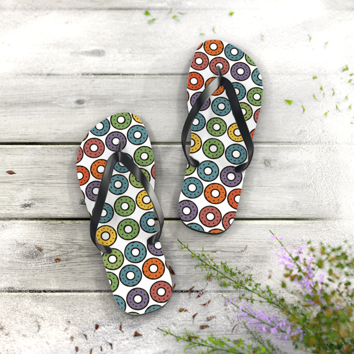 Donut Pattern Flip Flops — Colorful Retro Pool & Beach Sandals