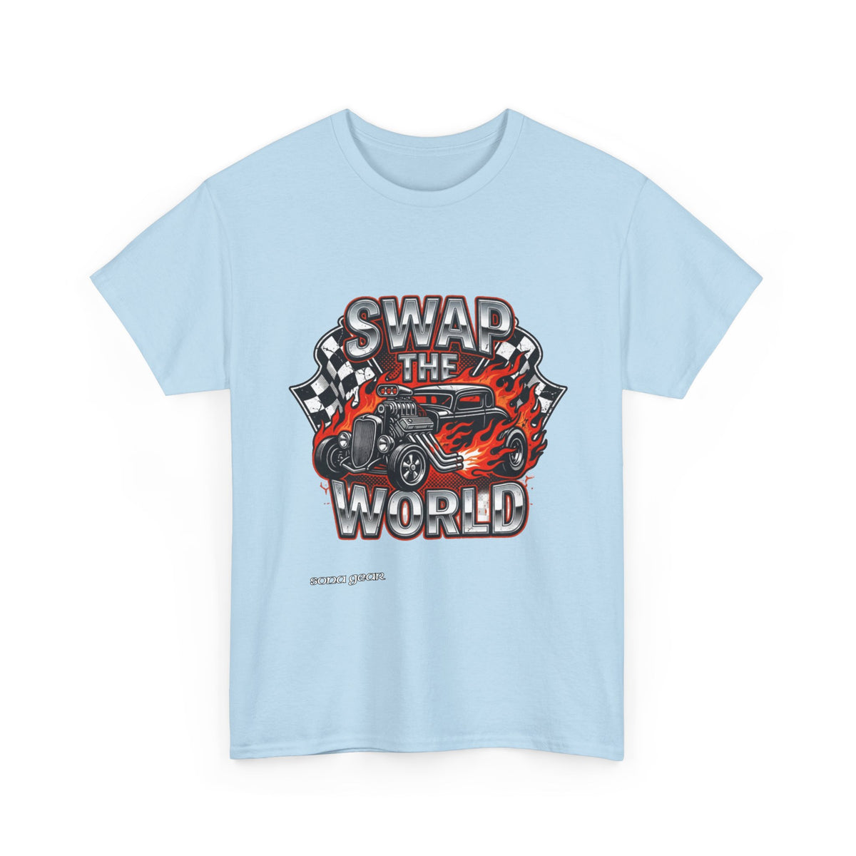Swap The World hot rod car T-Shirt | flaming vintage race decal