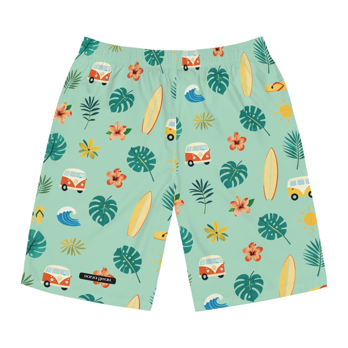 Tropical Surf Board Shorts – Retro Camper & Hibiscus Print