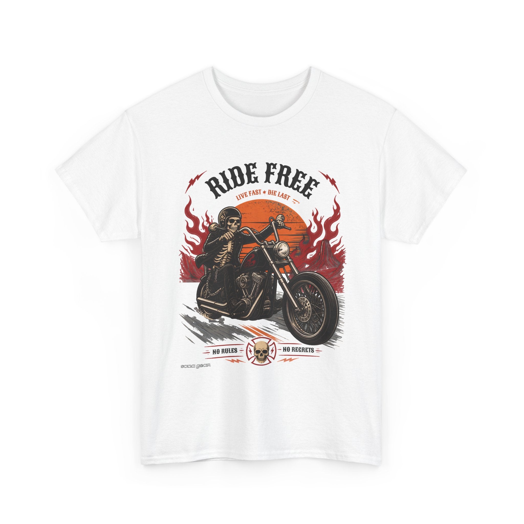 Ride Free Motorcycle Tee | Biker Skeleton Rider, Flames, Retro Sunset