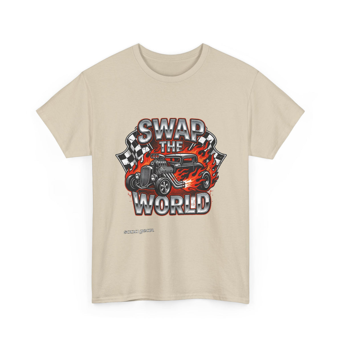 Swap The World hot rod car T-Shirt | flaming vintage race decal