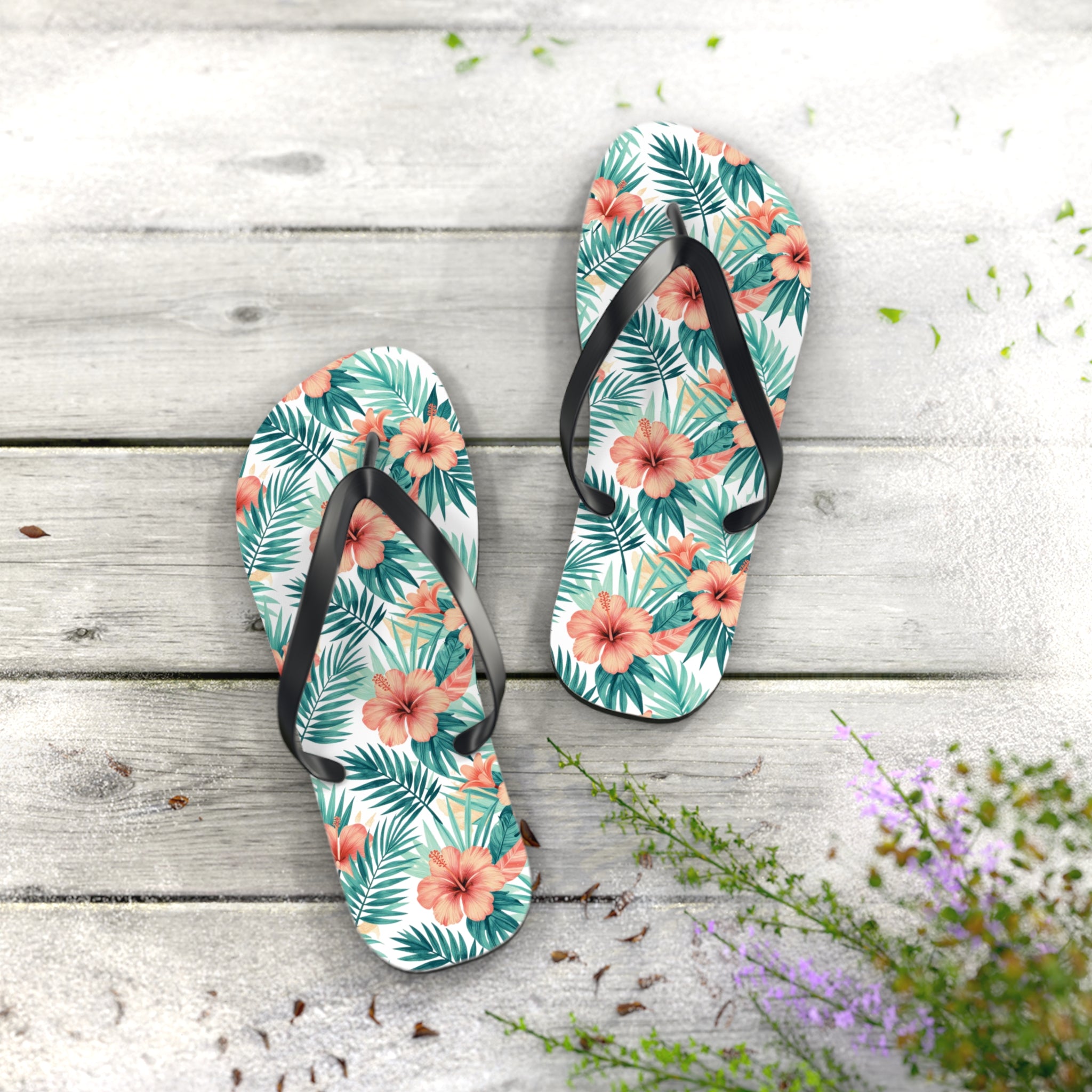 Tropical Hibiscus Flip Flops — Floral Palm Beach Sandals