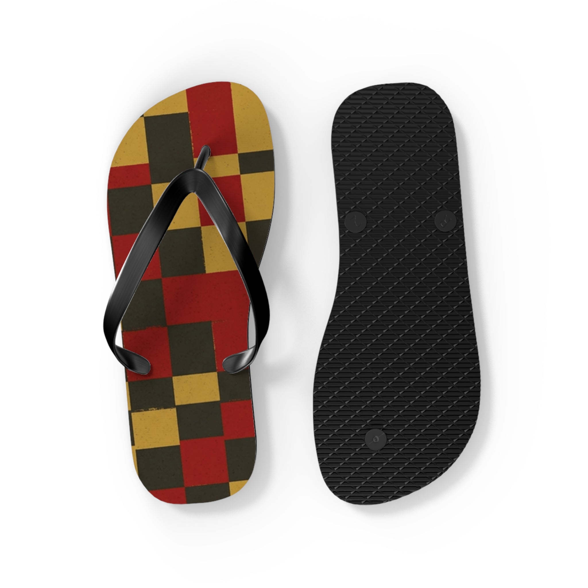 Checkerboard Flip Flops – Retro Red, Mustard & Olive Summer Sandals