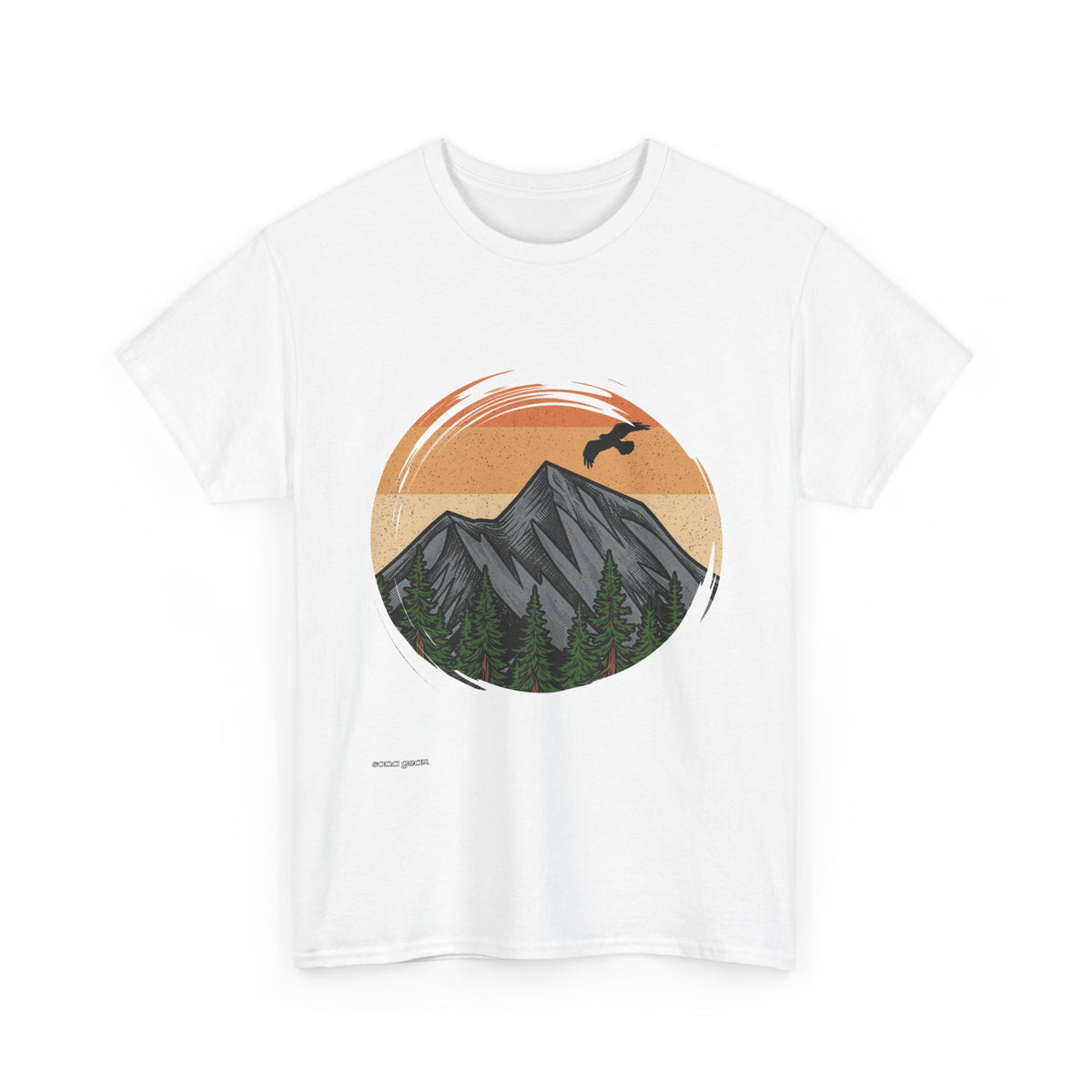 Sunset Mountain Landscape T-Shirt | Retro Peaks, Forest, Soaring Bird