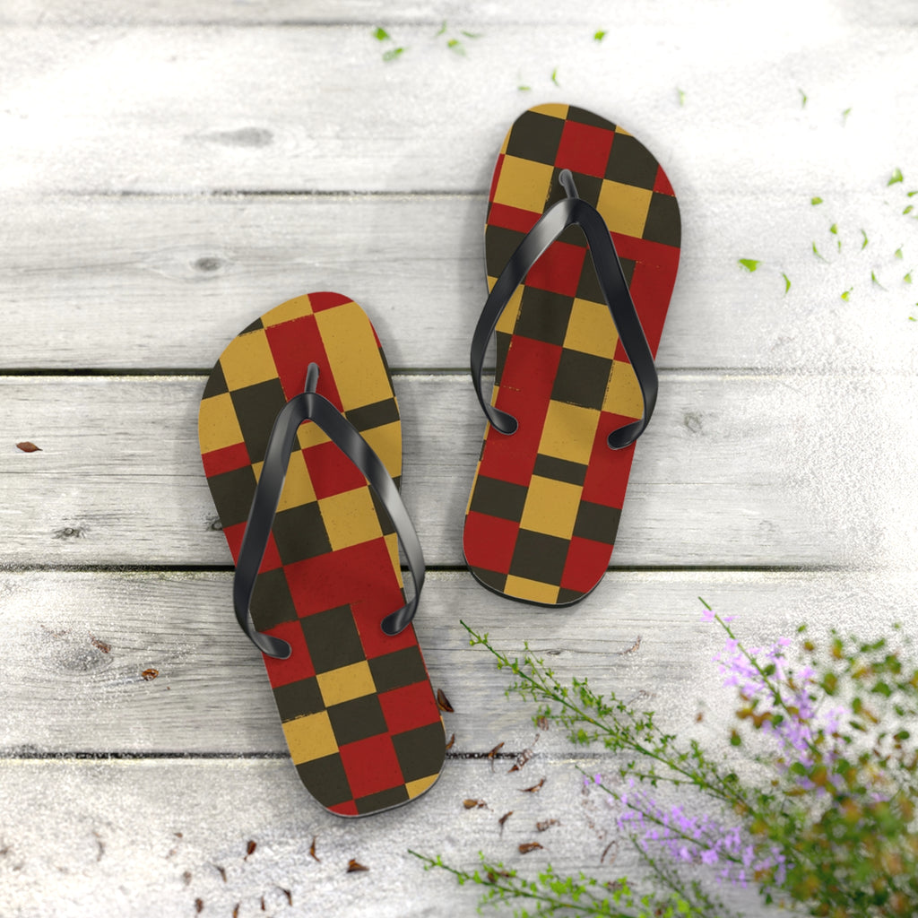 Checkerboard Flip Flops – Retro Red, Mustard & Olive Summer Sandals