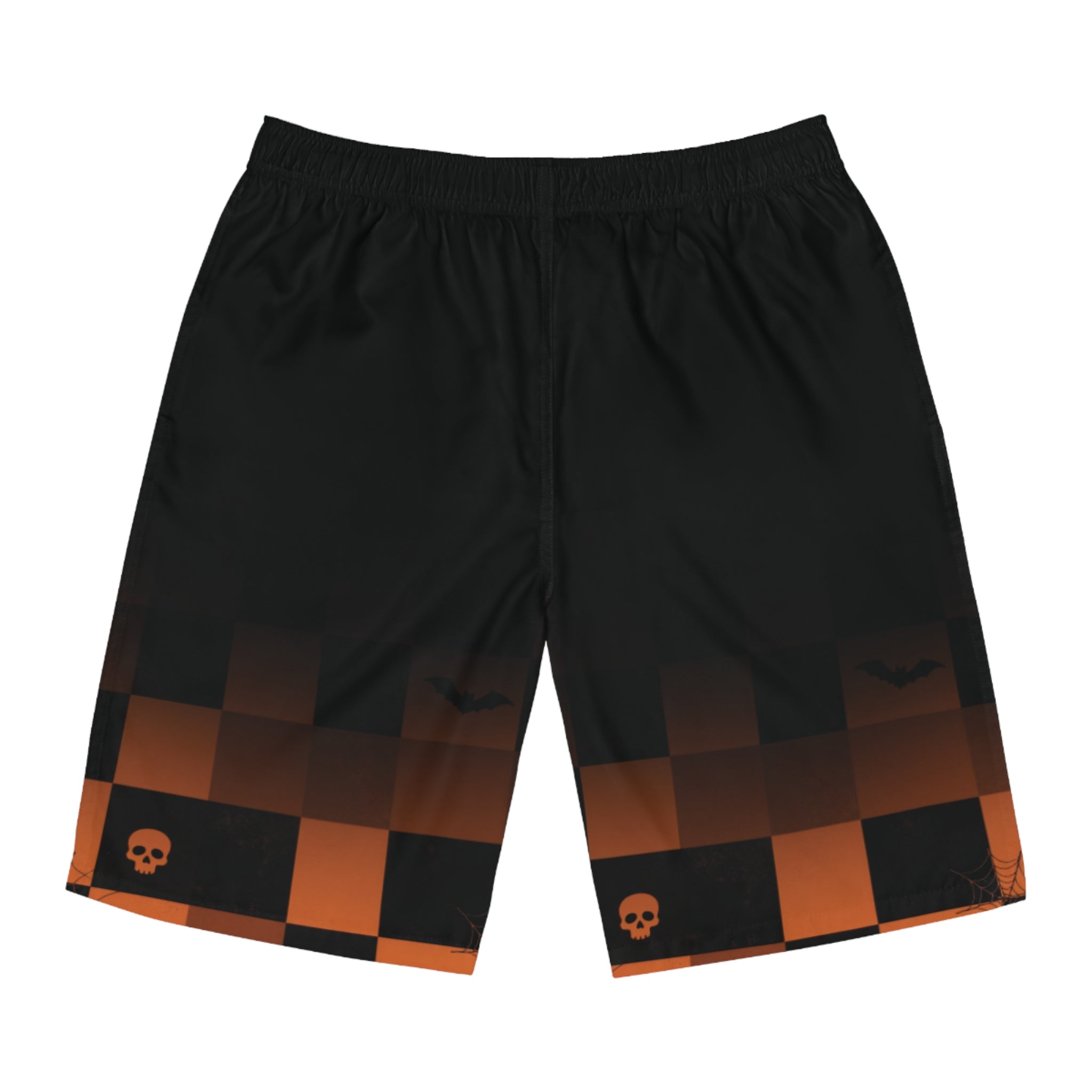 Men's Halloween Checkerboard Board Shorts — Orange Skull & Bat Swim Trunks