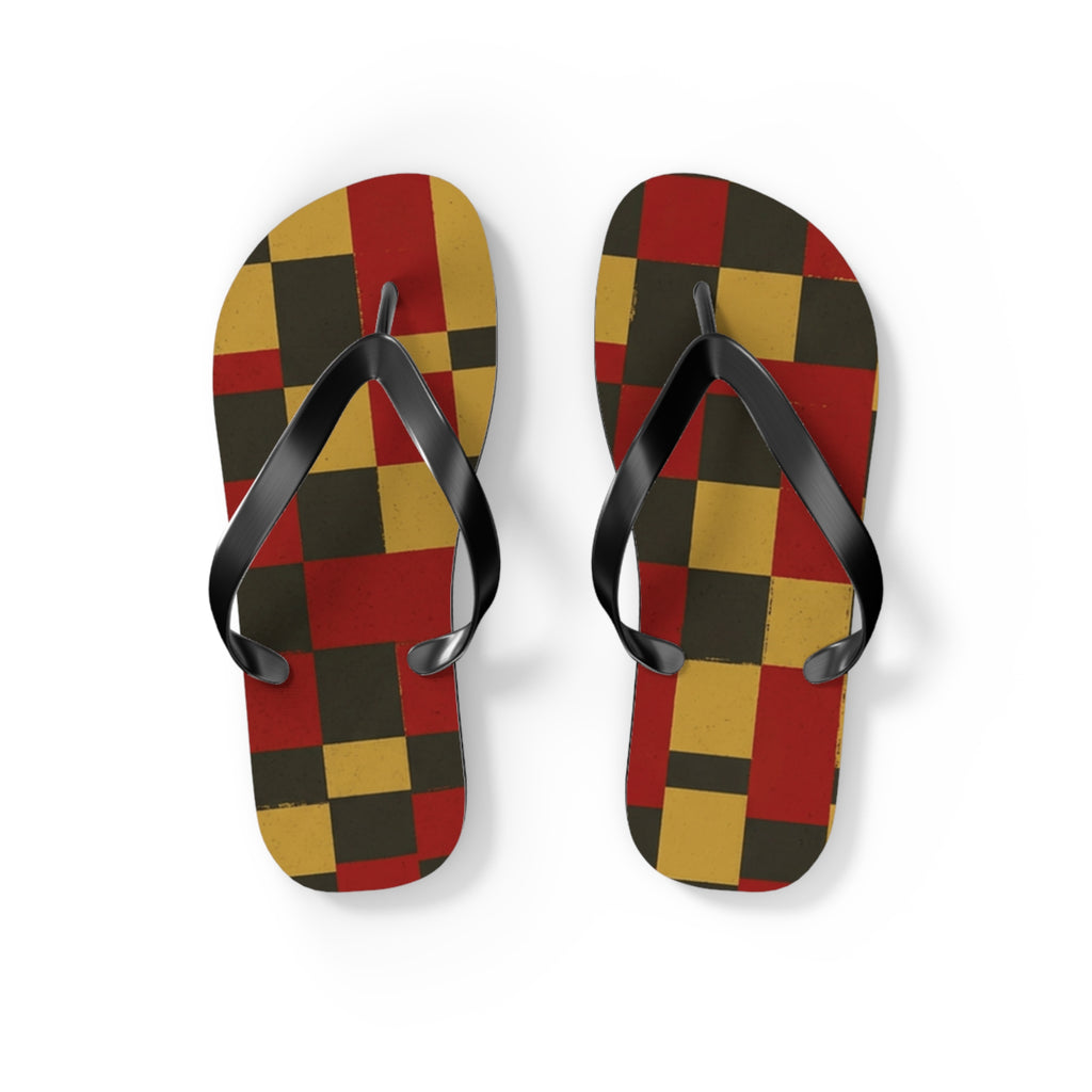 Checkerboard Flip Flops – Retro Red, Mustard & Olive Summer Sandals