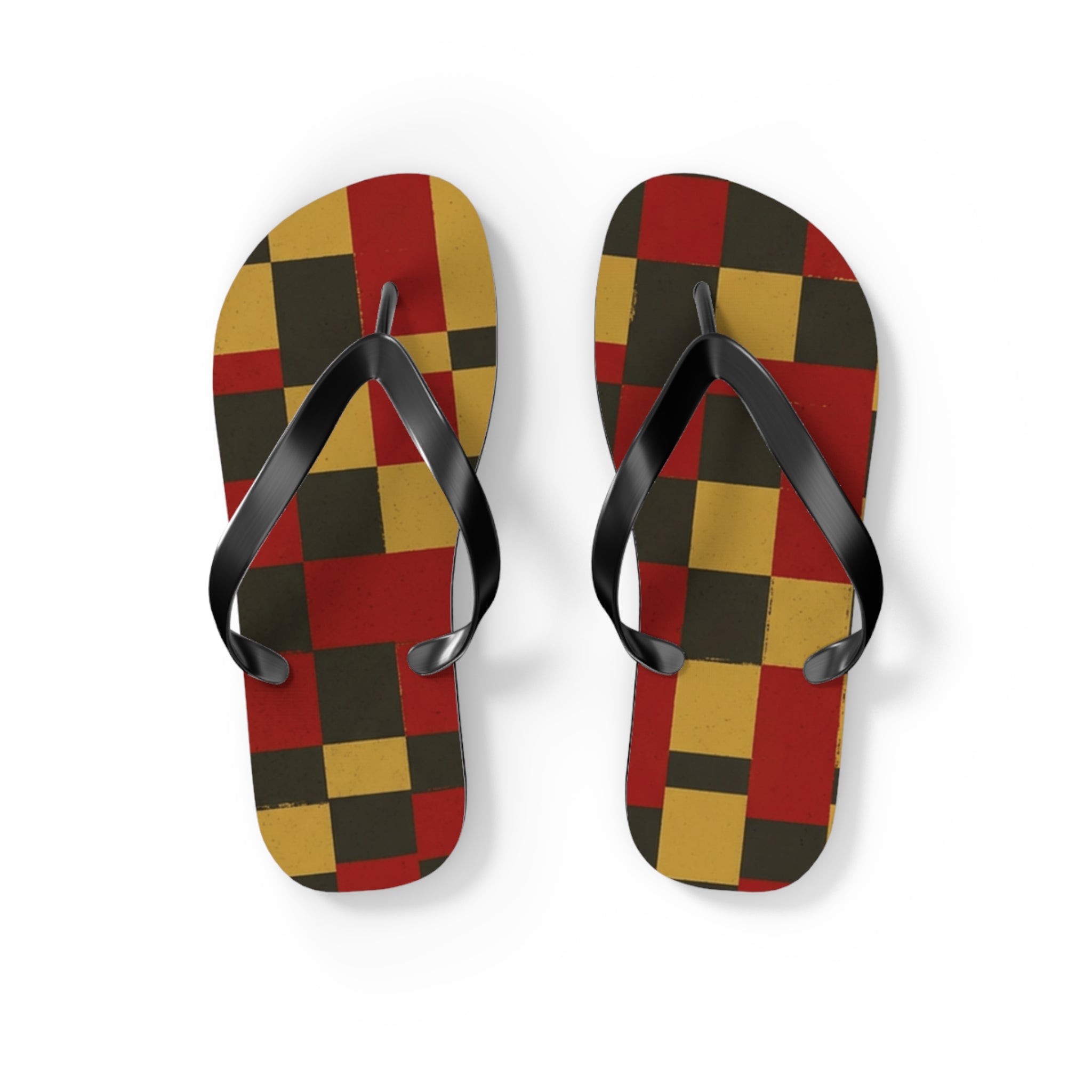 Checkerboard Flip Flops – Retro Red, Mustard & Olive Summer Sandals