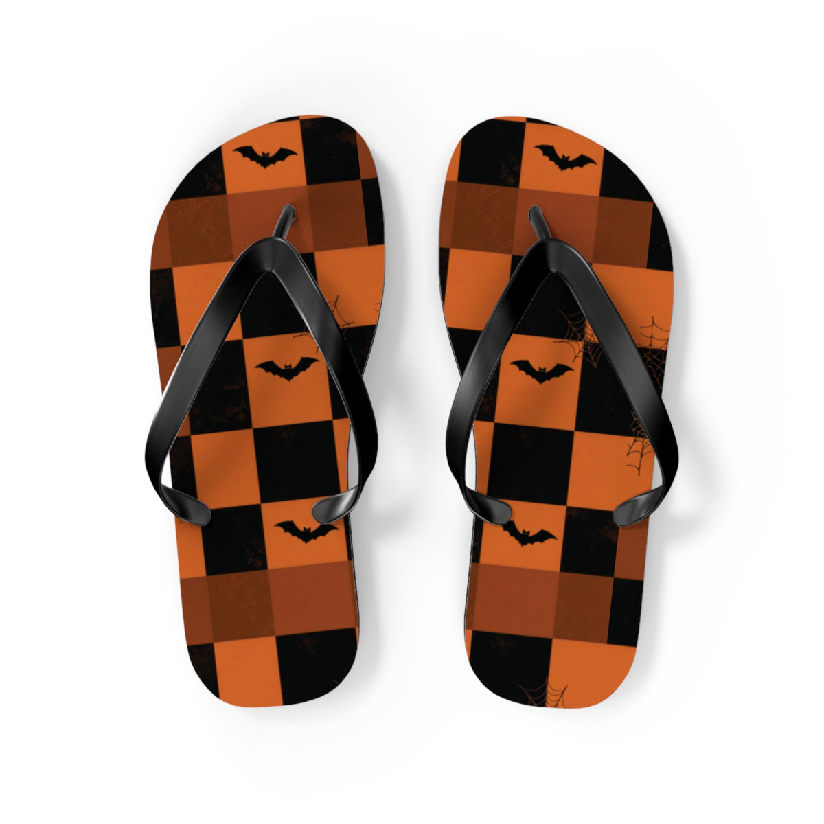 Halloween Bat Checkerboard Flip Flops — Orange & Black Beach Sandals